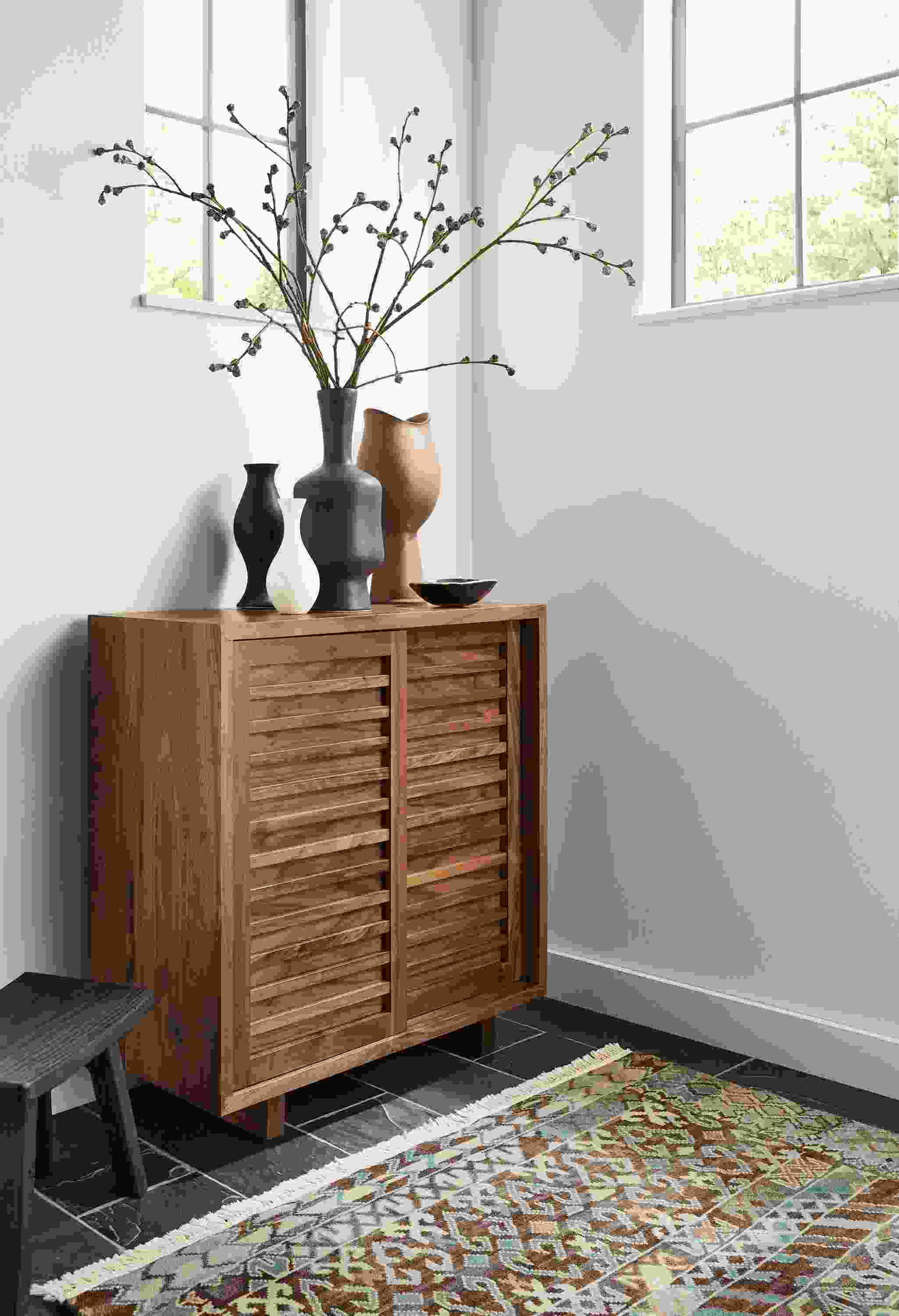 Room setting with a Moro 30-wide storage cabinet in Walnut and a Timuri rug.