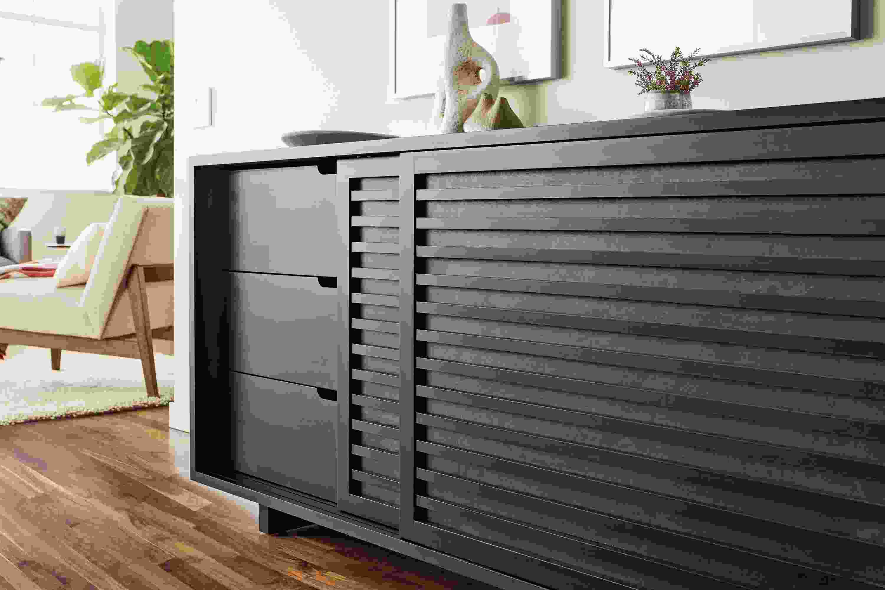 Detail of Moro storage cabinet in charcoal.