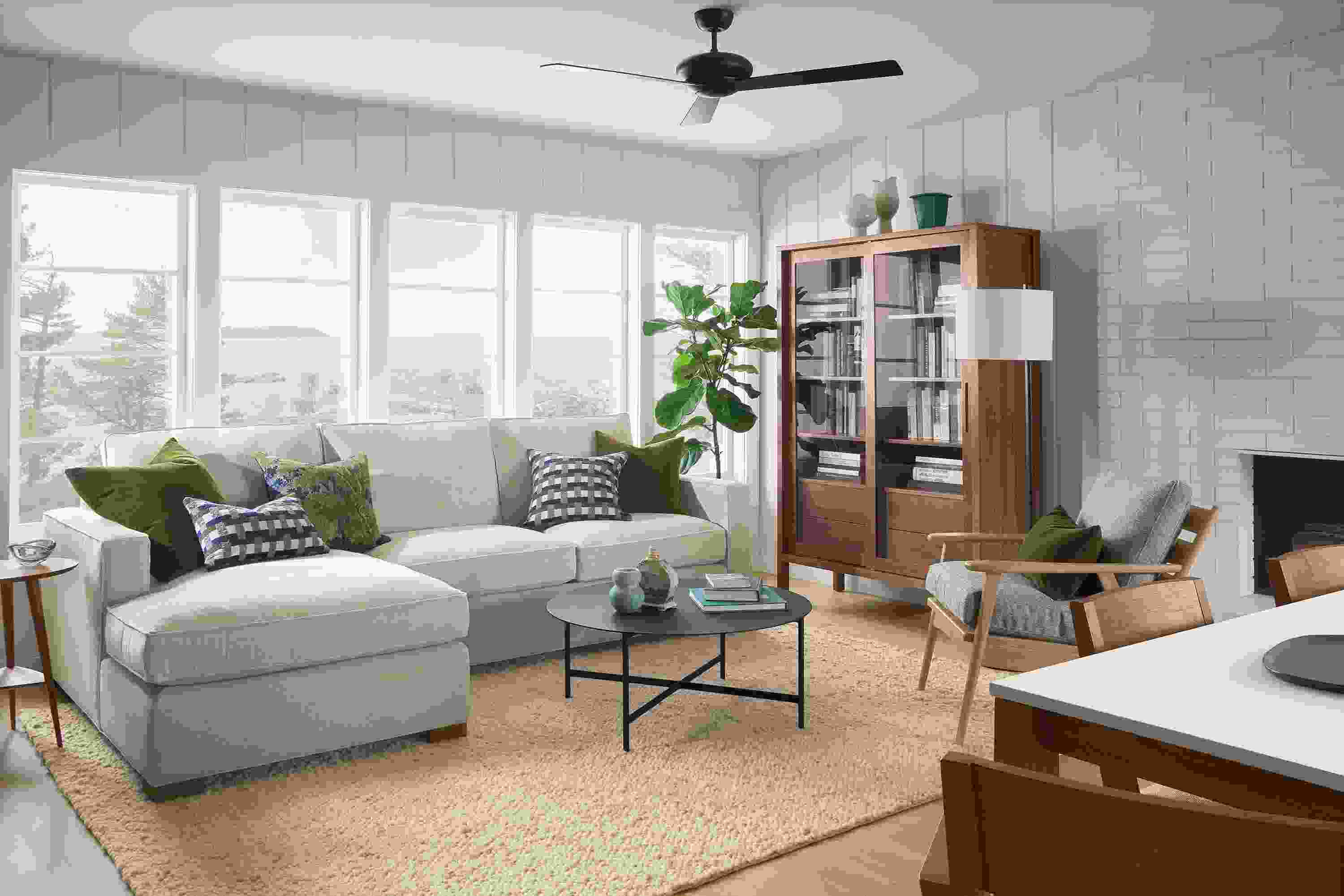 Large living room with Morrison 108-wide sofa in Olmstead Natural and Ericson chair in tatum slate.