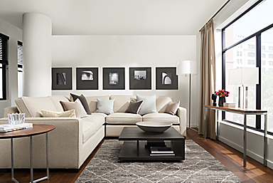 living room with morrison sectional, graham coffee table, kalindi rug.