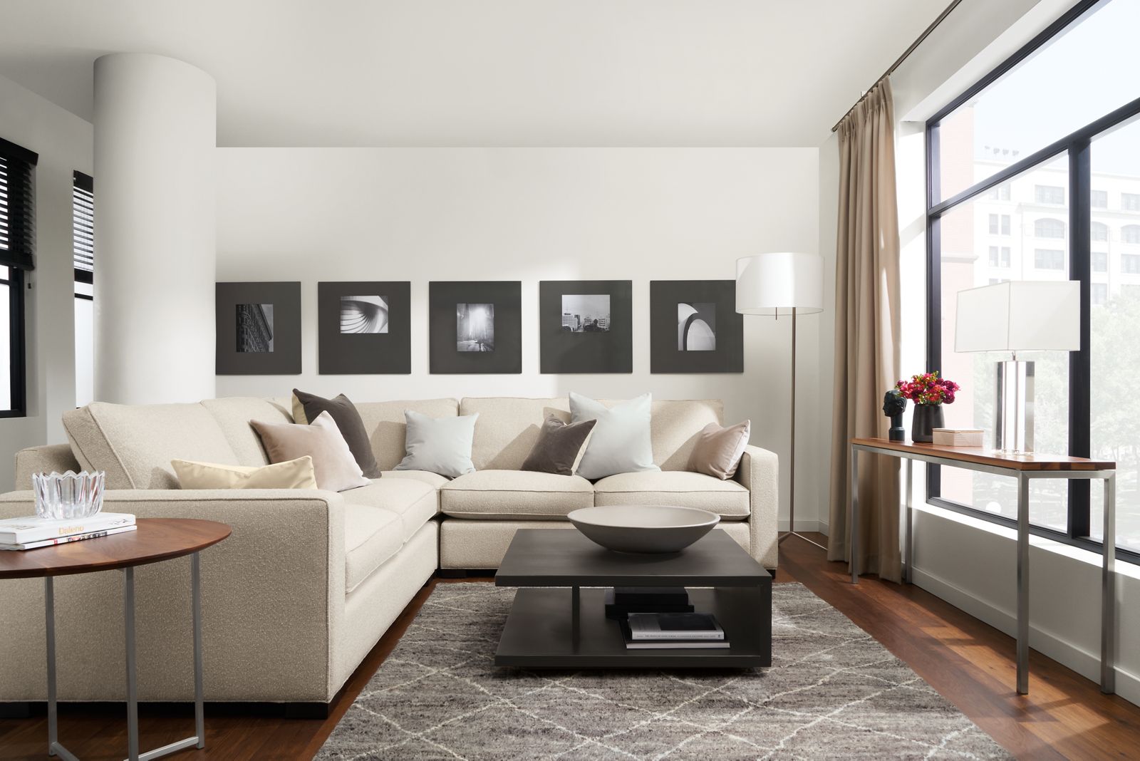 living room with morrison sectional, graham coffee table, kalindi rug.