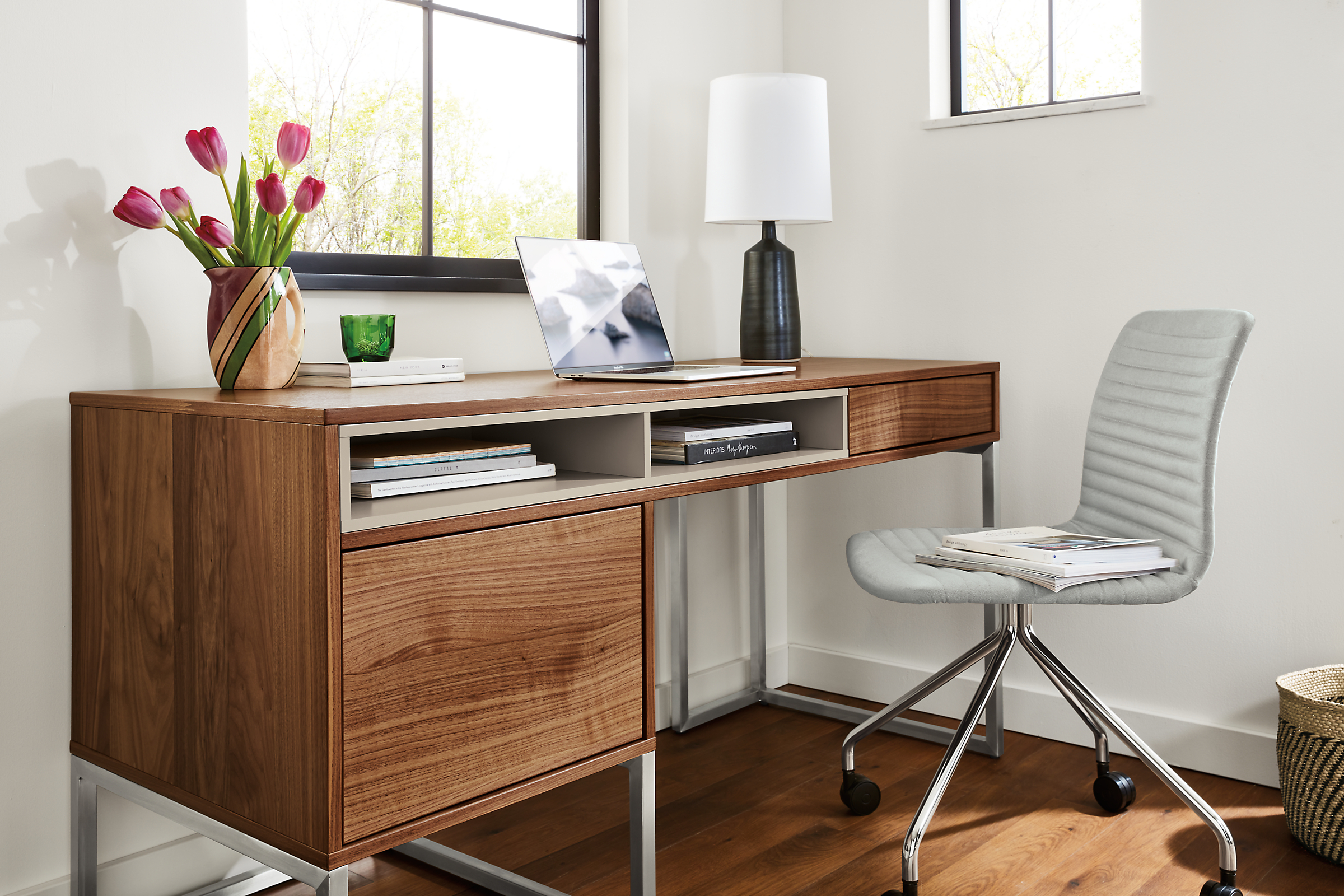 Mosby 60-wide Desk with File Storage in Walnut and Beige and Cato Office Chair in Monty Grey.