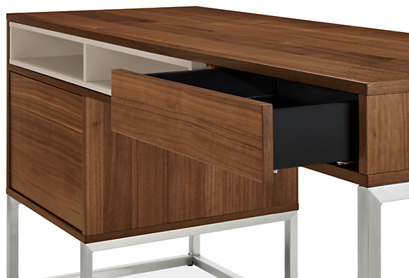 Detail view of the Mosby desk with desk drawer open.