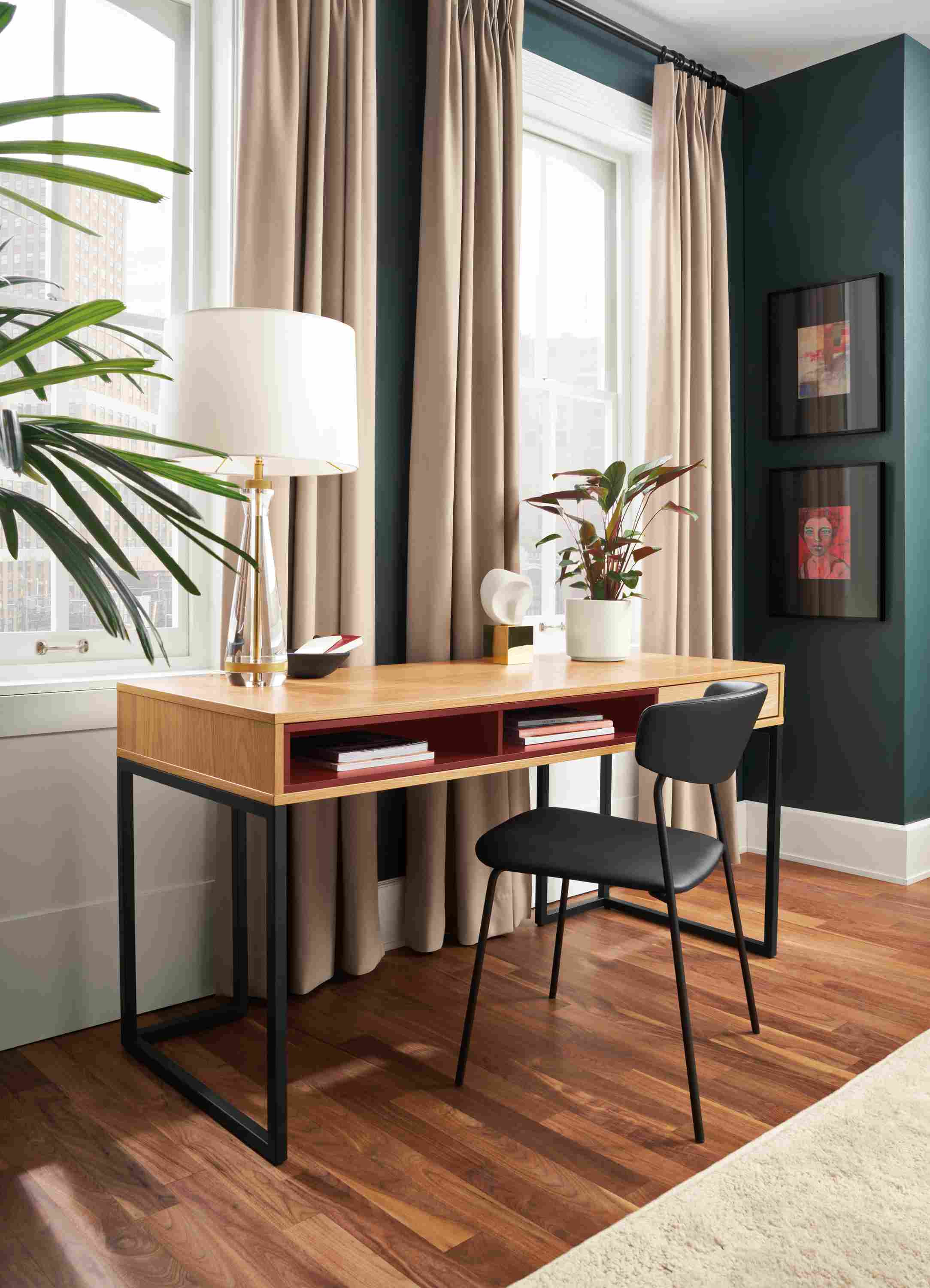 Room setting with a Mosby 60-wide Desk with a Wolfgang Side Chair in Sarno Leather and an Aram Rug.