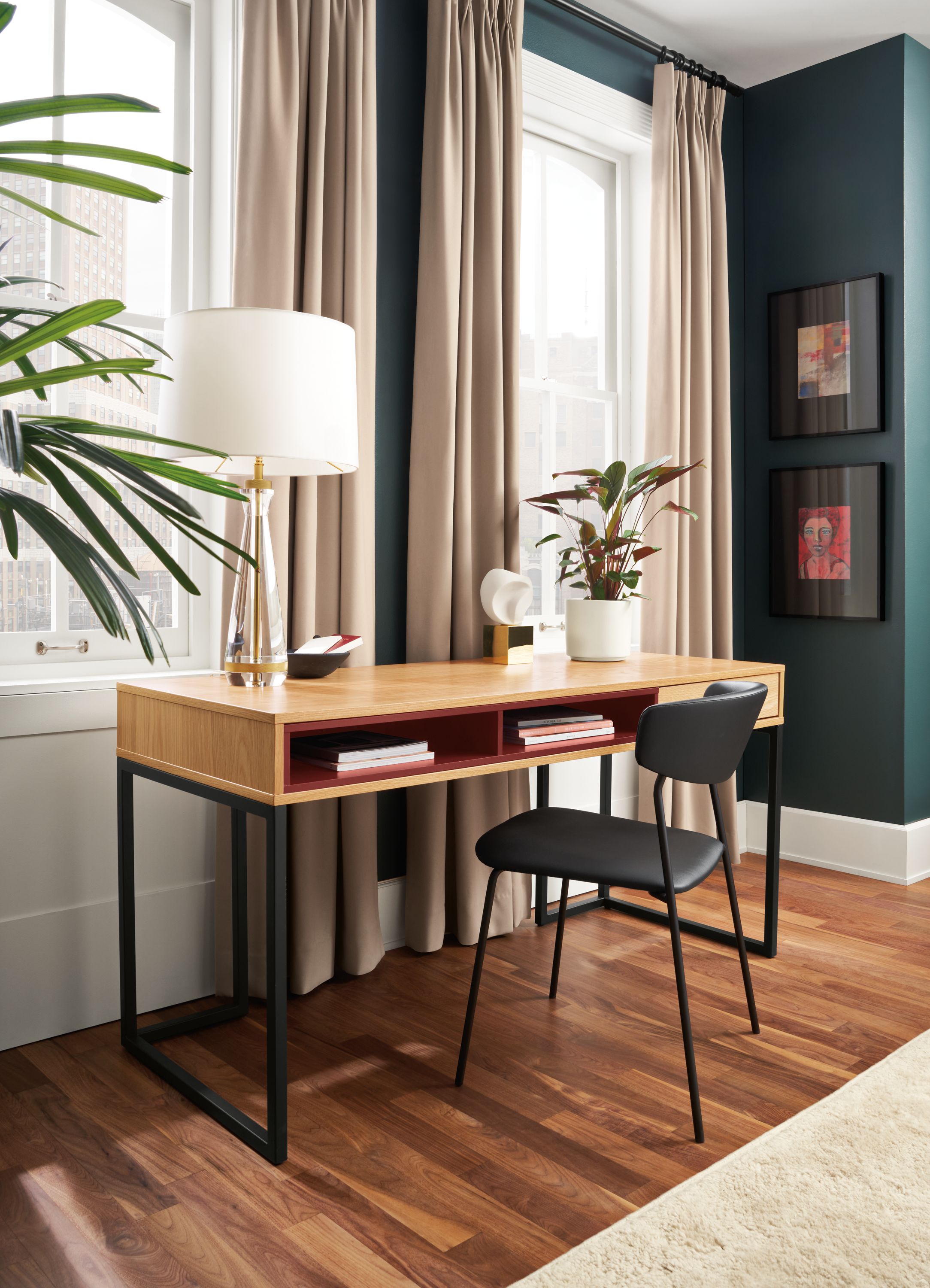 Room setting with a Mosby 60-wide Desk with a Wolfgang Side Chair in Sarno Leather and an Aram Rug.