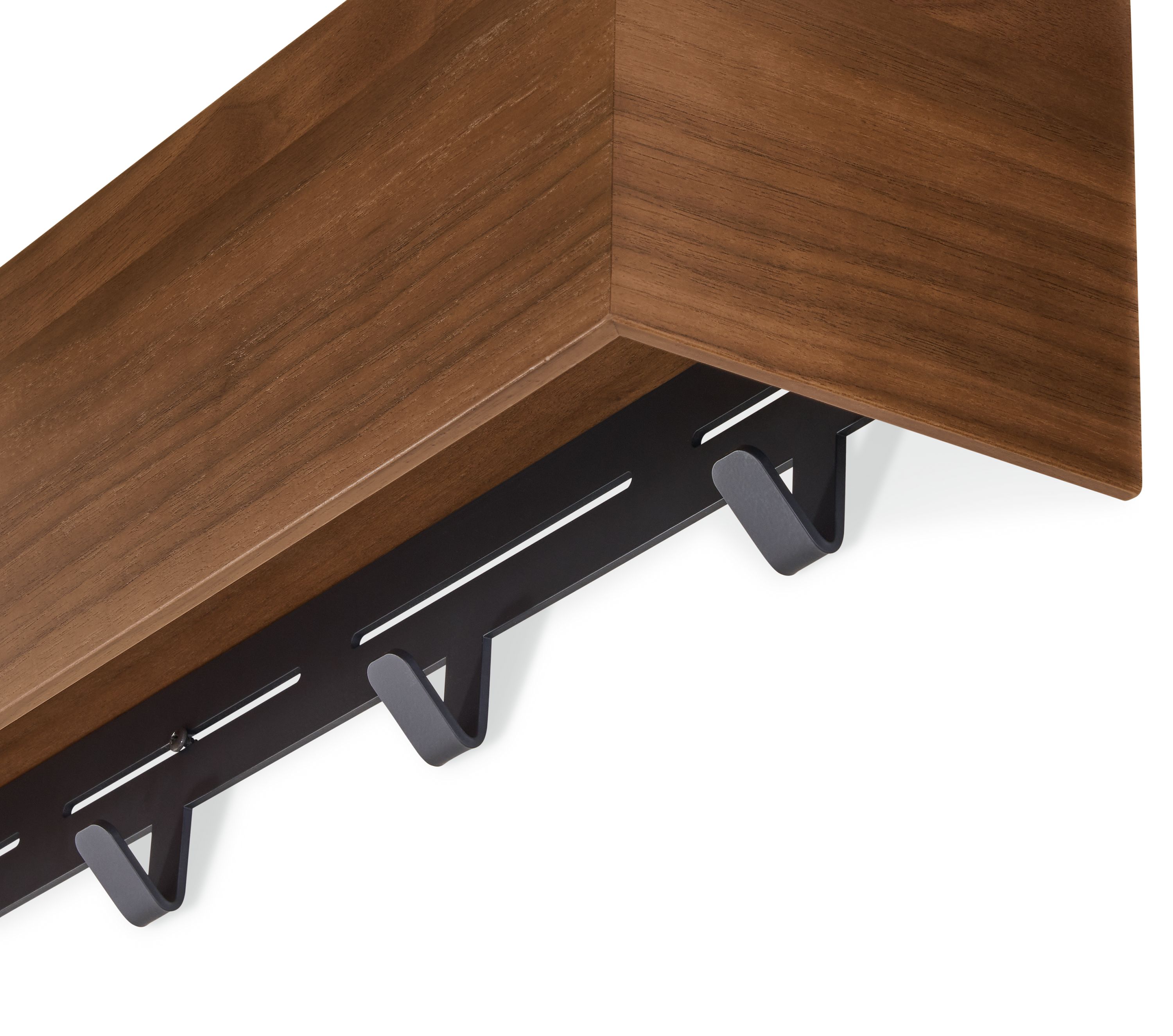 Close up detail of the Mullen Wall Shelf showing the hooks under the shelf.