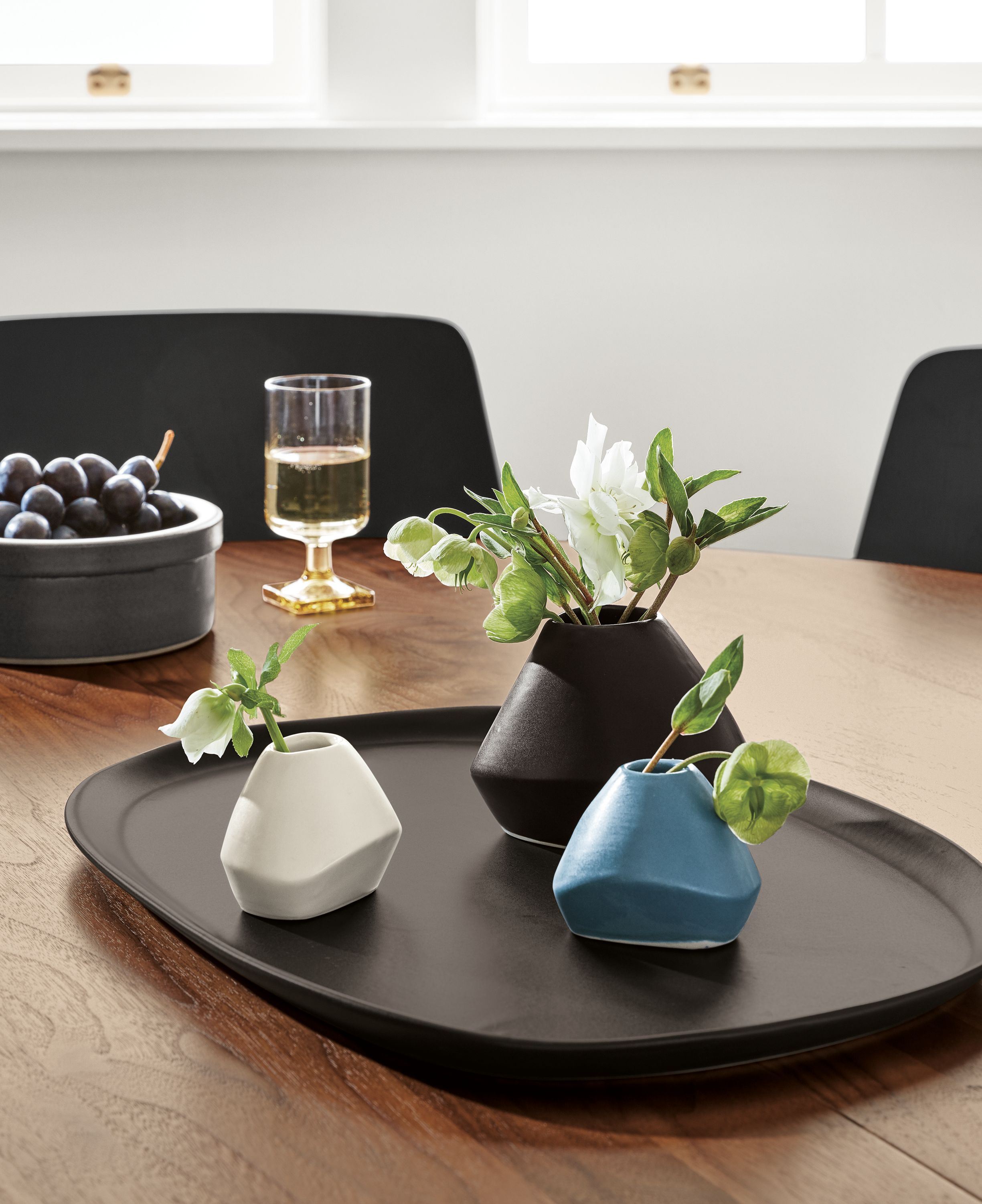 Anya medium bud vase in black, small bud vase in white & denim
