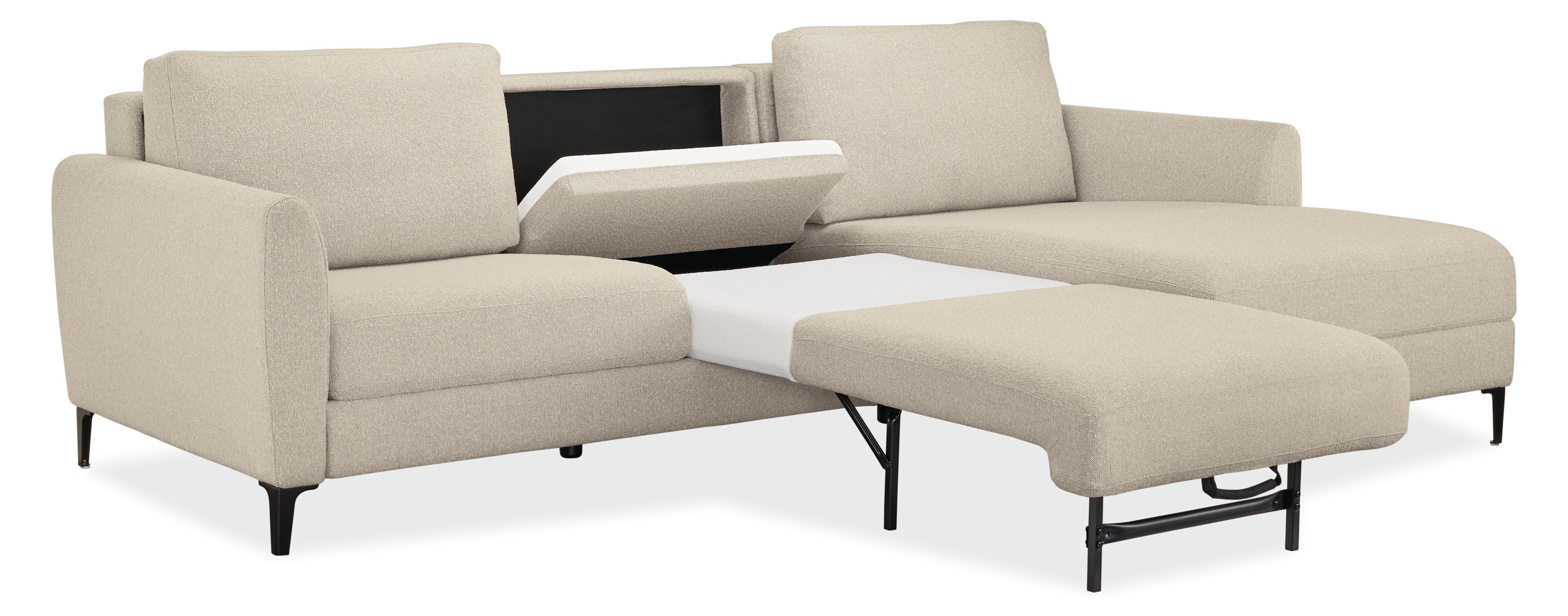 Detail of Natalia 102-inch Queen Sleeper with Chaise with center back mattress section being pulled down.