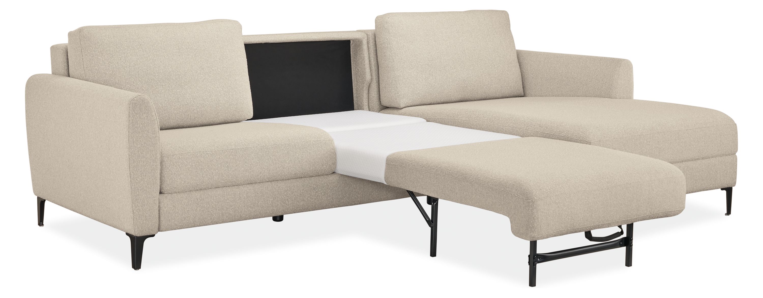 Detail of Natalia 102-inch Queen Sleeper with Chaise with center single bed pulled out.