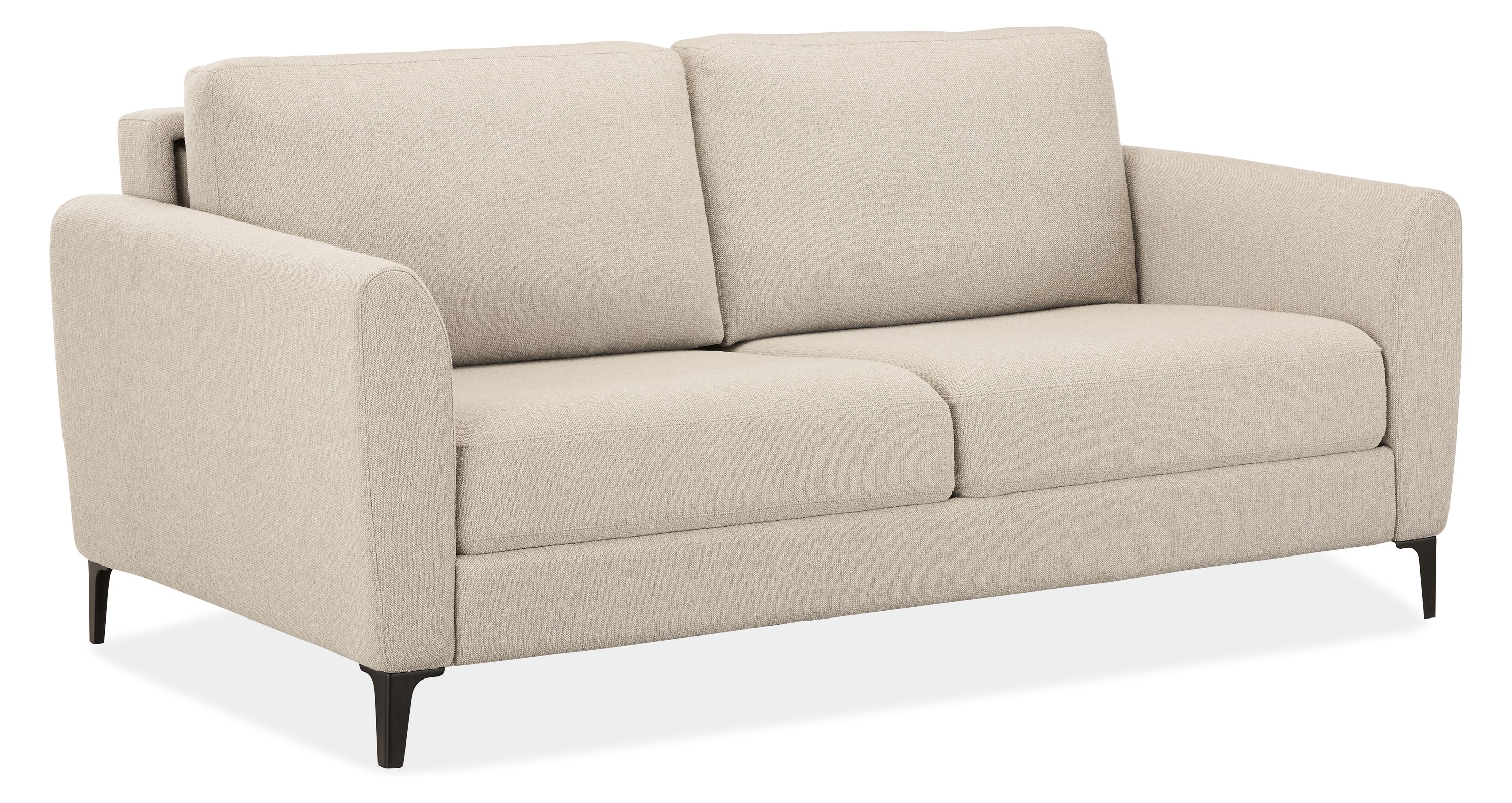 Angled view of Natalia 72-wide Queen Sleeper Sofa in Conley Natural with graphite legs.