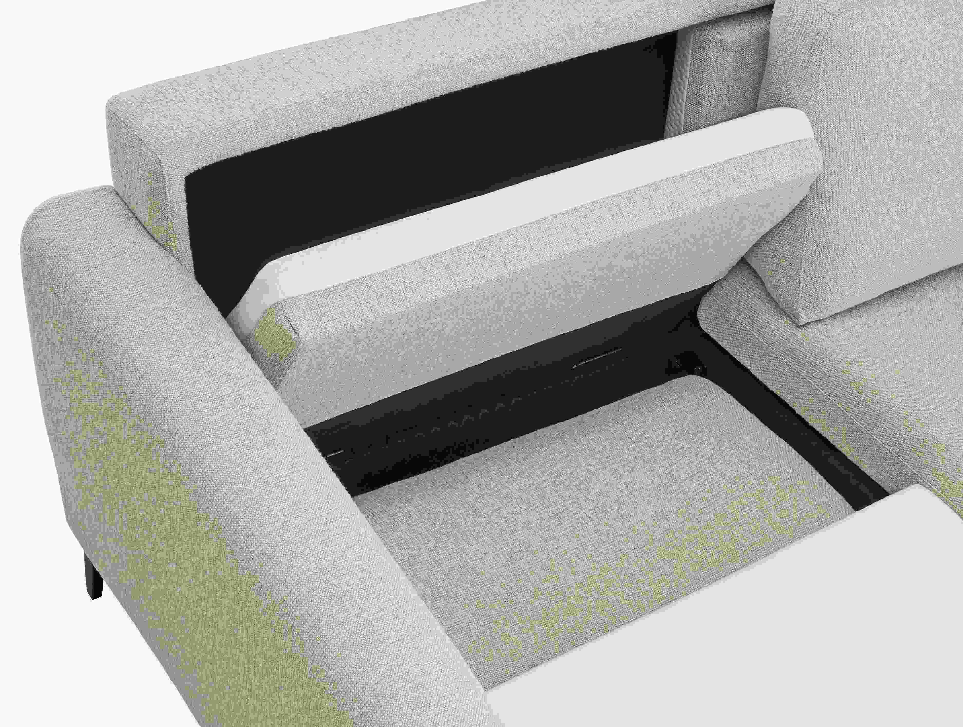 Detail of Natalia72-wide Queen Sleeper Sofa in Conley Natural showing back cushion stowed under sleep surface.
