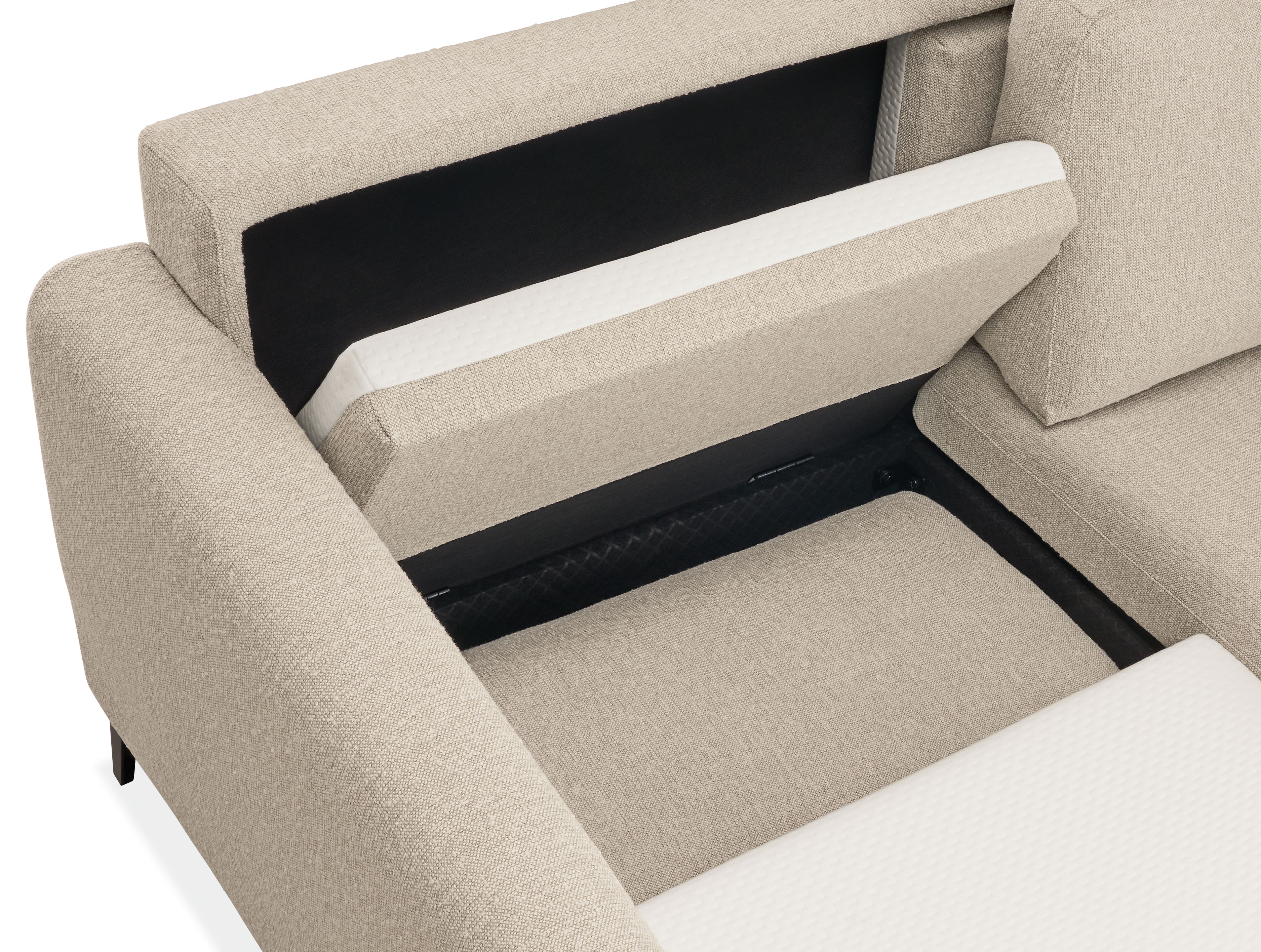 Detail of Natalia72-wide Queen Sleeper Sofa in Conley Natural showing back cushion stowed under sleep surface.