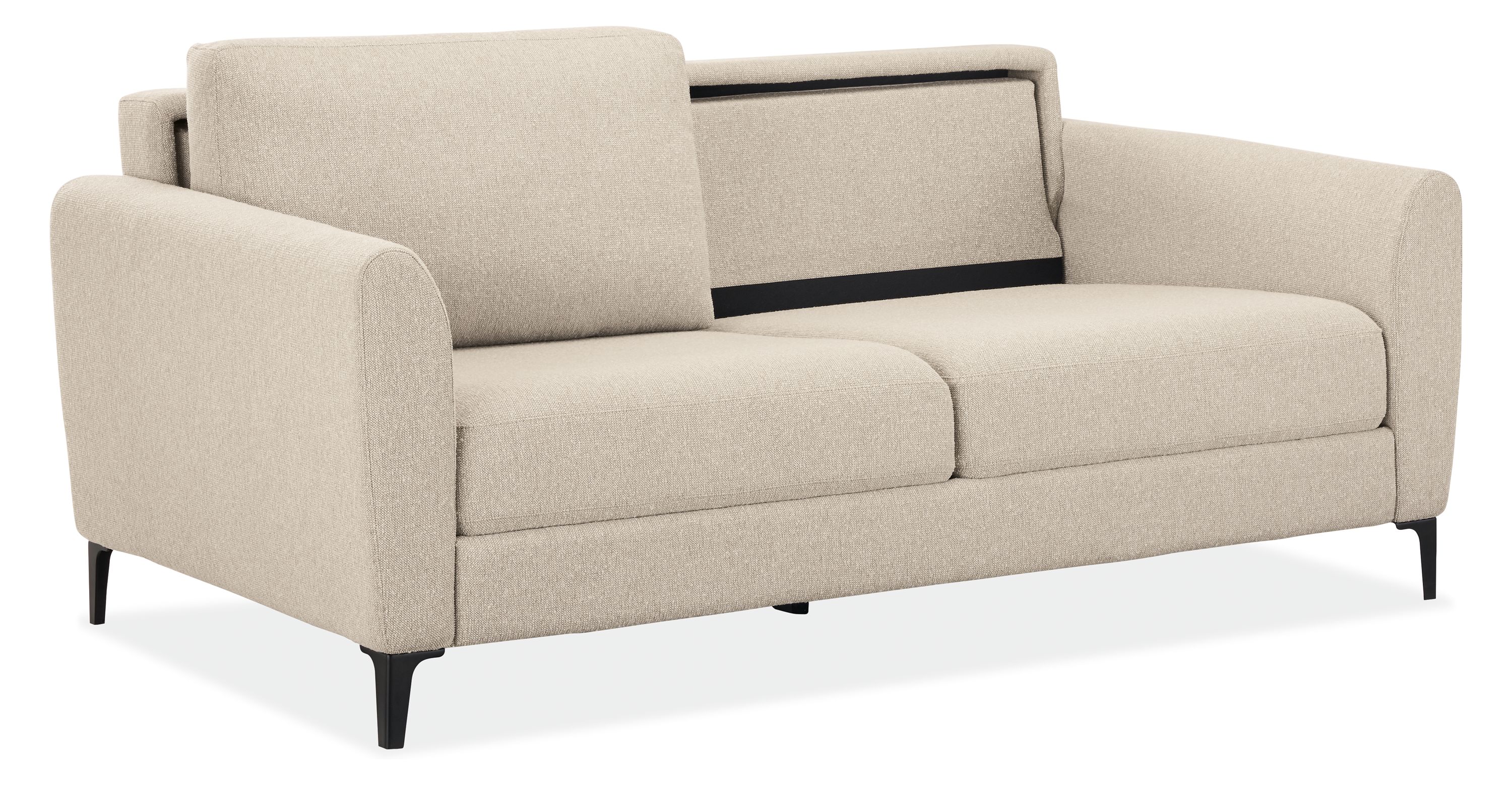 Angled view of Natalia 7-wide Queen Sleeper sofa in Conley Natural shown with left back cushion removed.