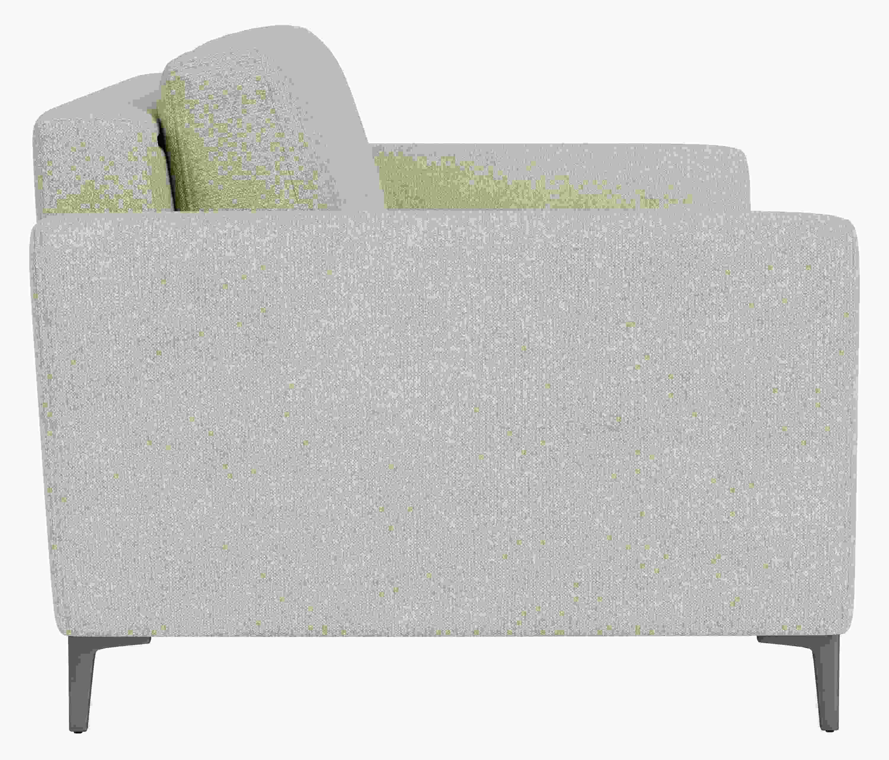Side view of Natalia 72-wide Queen Sleeper Sofa in Conley Natural Fabric with Graphite Metal Legs.