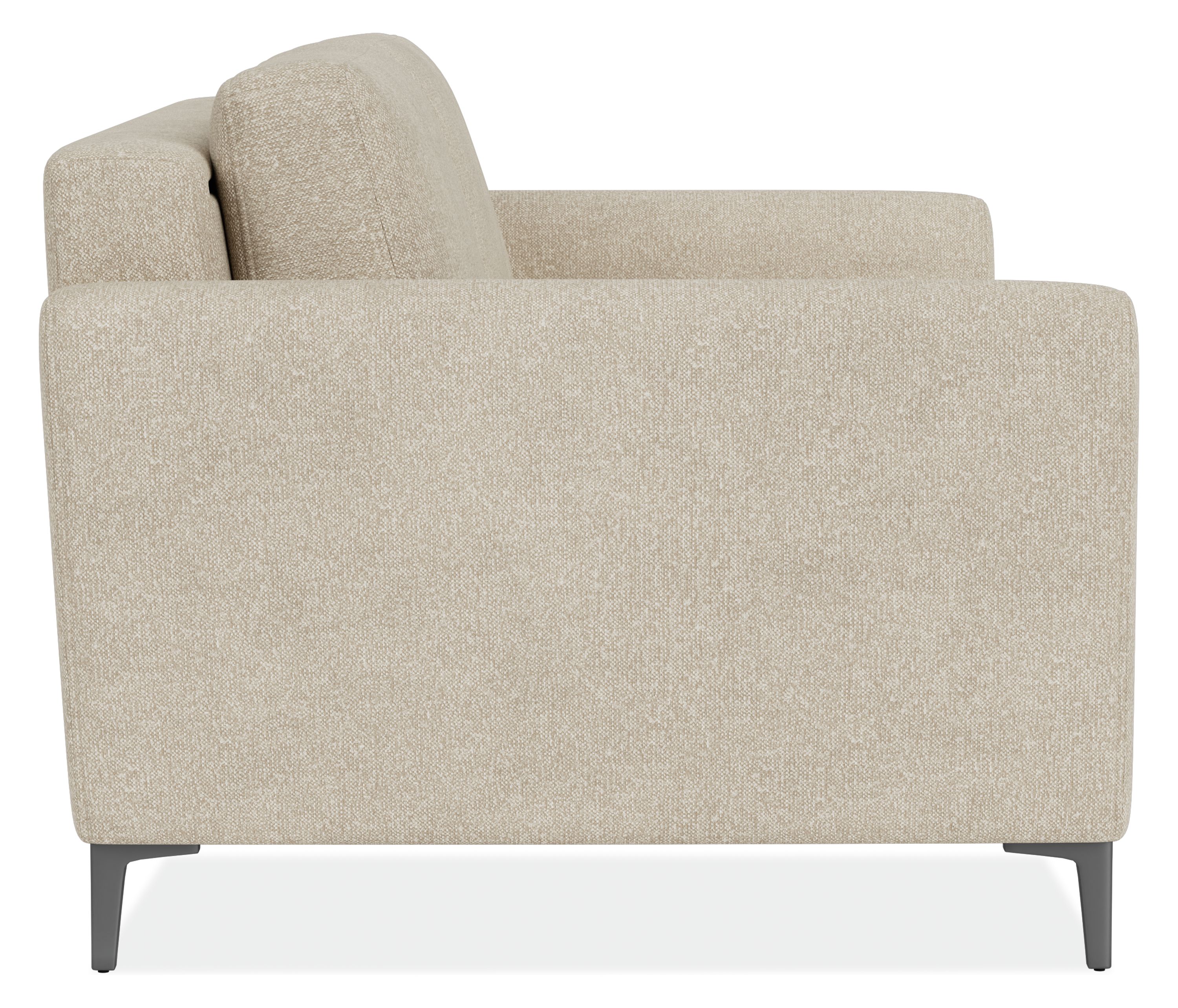 Side view of Natalia 72-wide Queen Sleeper Sofa in Conley Natural Fabric with Graphite Metal Legs.