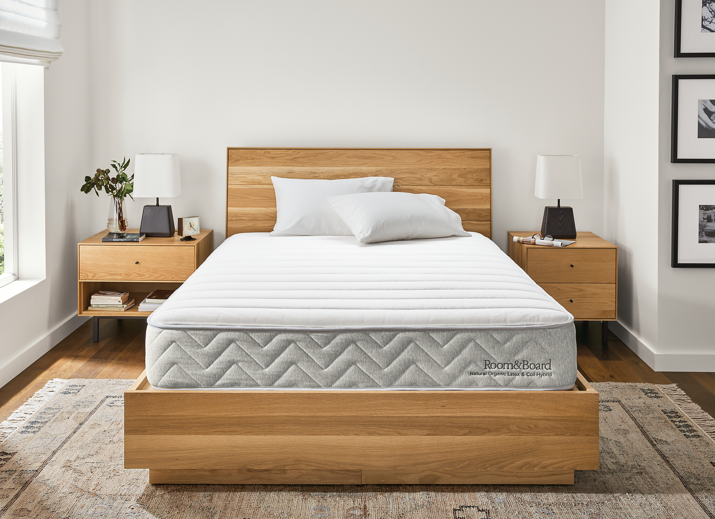 Detail of Natural organic latex & coil hybrid queen mattress in Natural style bedroom.