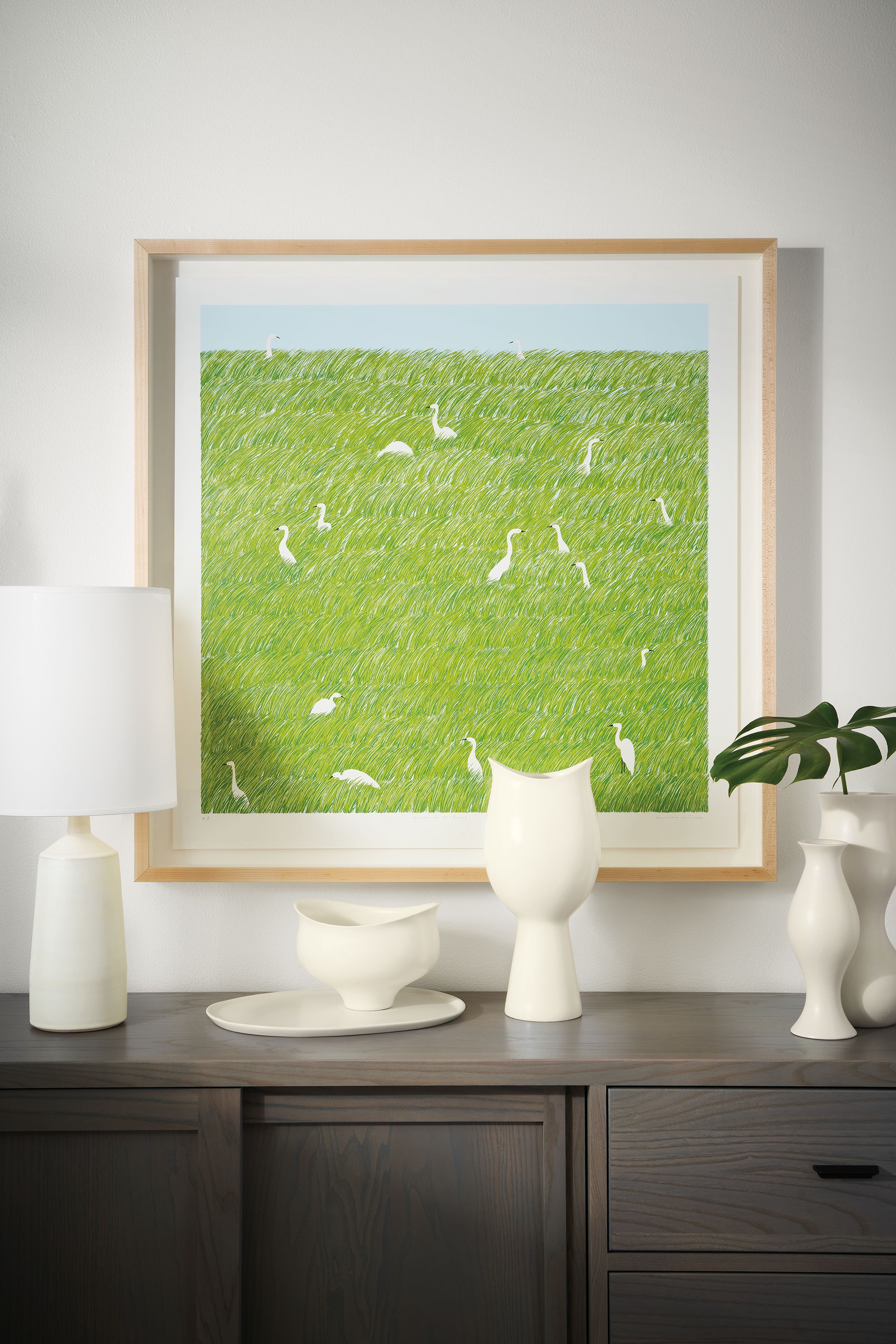 room setting with Haruna Niiya, Heron in the Rural, 2022, Limited Edition Silkscreen.