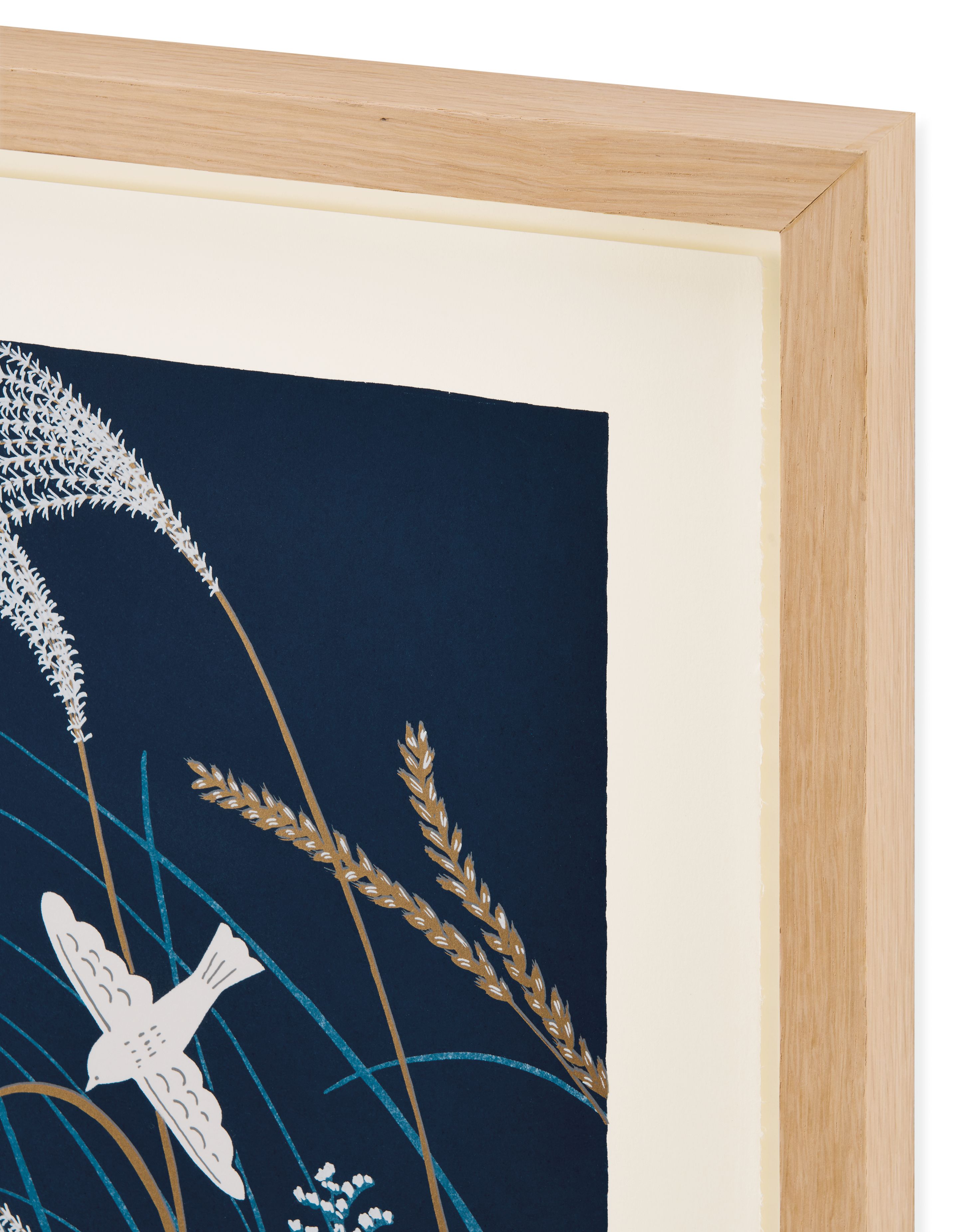 Corner of white oak frame detail on 2025 limited edition silkscreen artwork from Haruna Niiya, Fall Grasses and Birds.