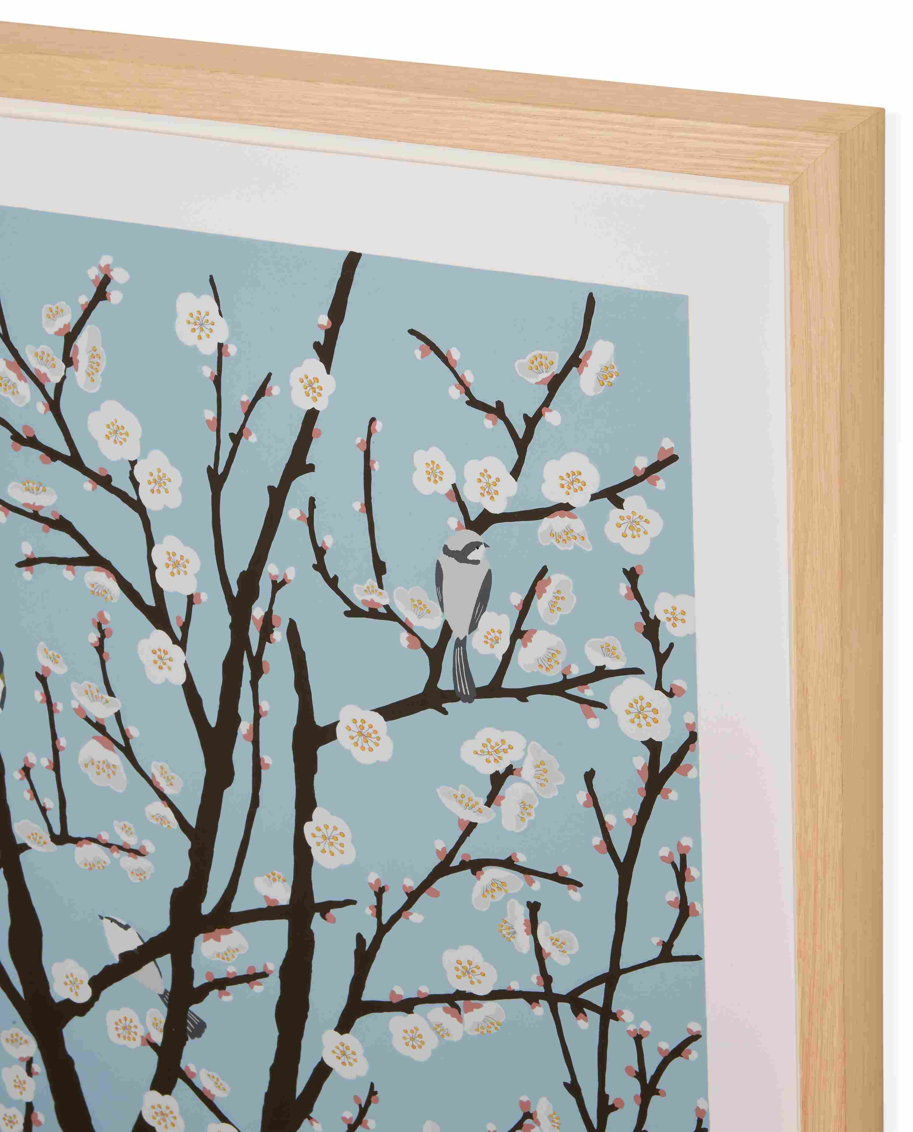 Detail of frame corner on 2025 limited edition silkscreen ume blossoms by artist haruna niiya.
