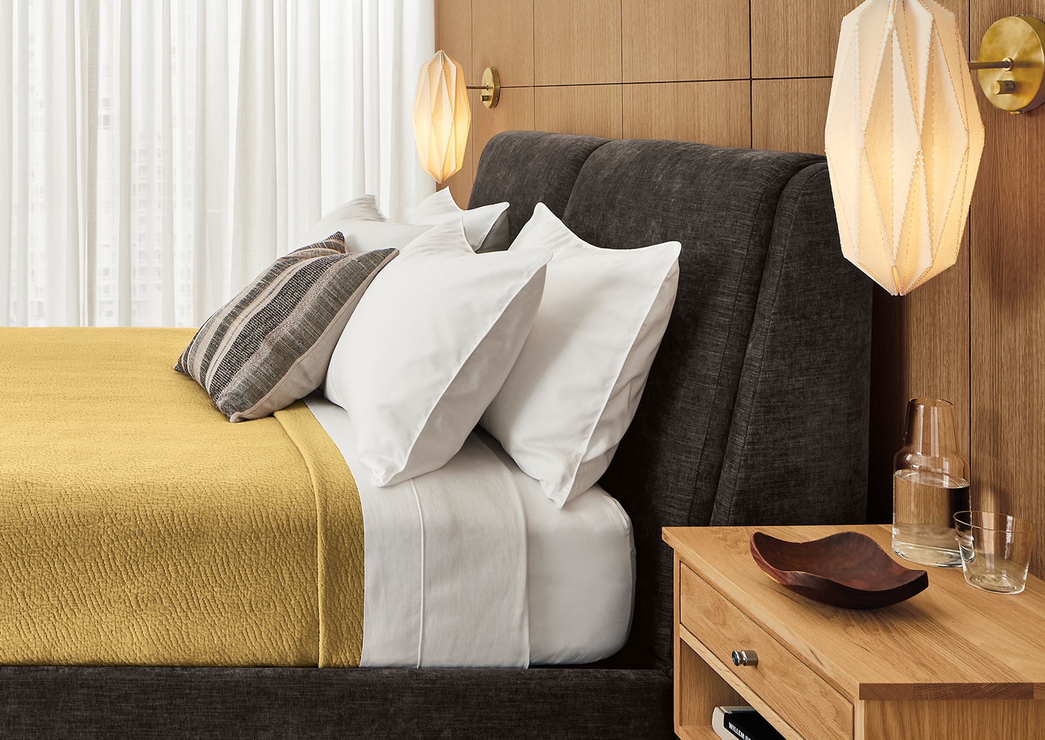 Queen bed in Mori charcoal fabric