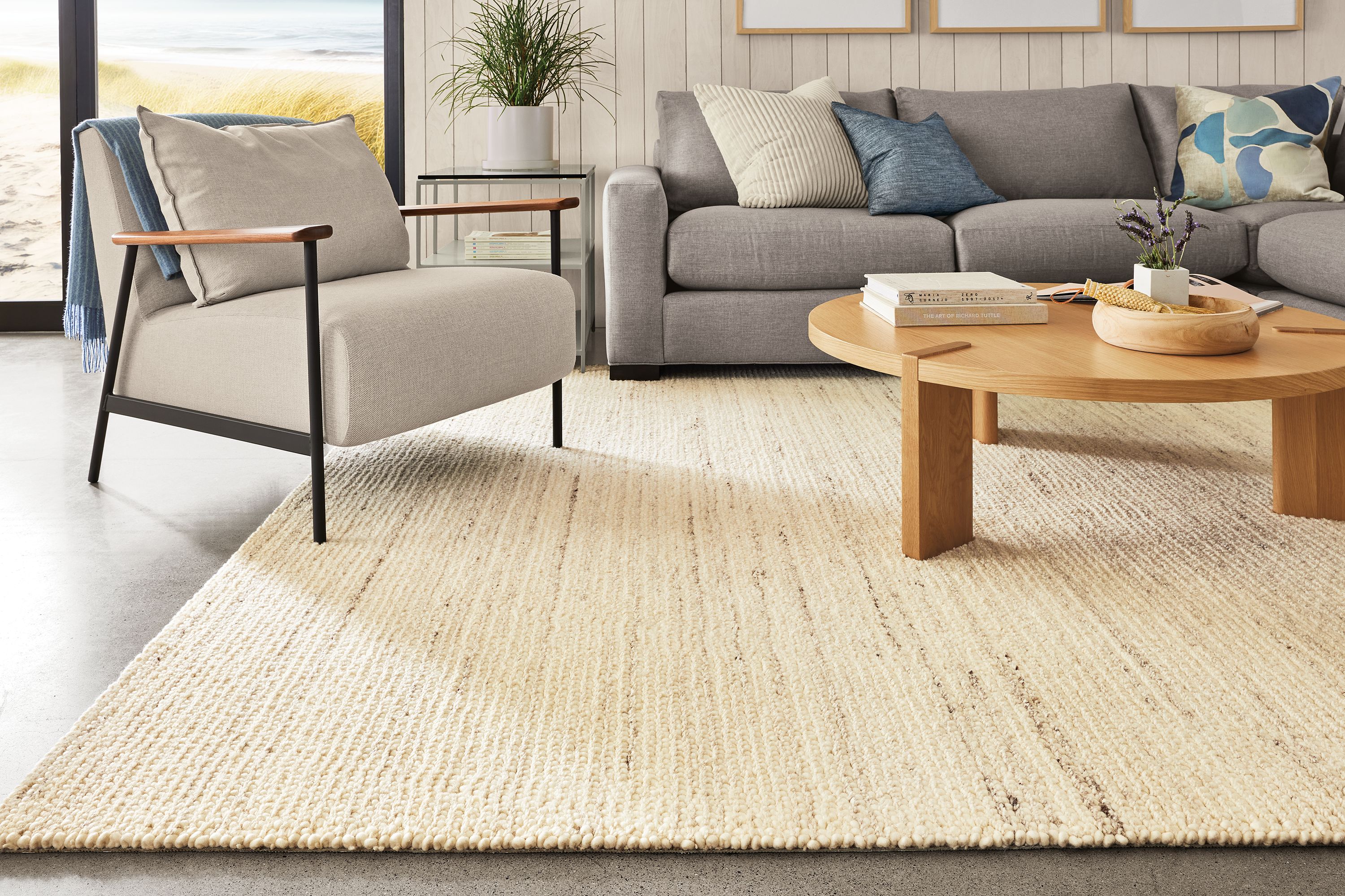 living room with norfolk rug in cement, xavier chair in gino oatmeal and hanover coffee table.