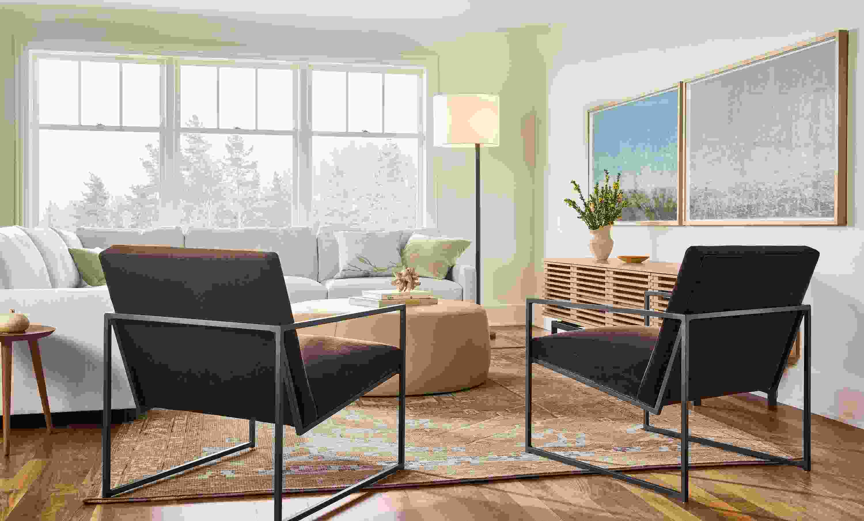 Living room with 2 Novato chairs in Redding Espresso and Linger 3-piece sectional in Sumner Ivory.