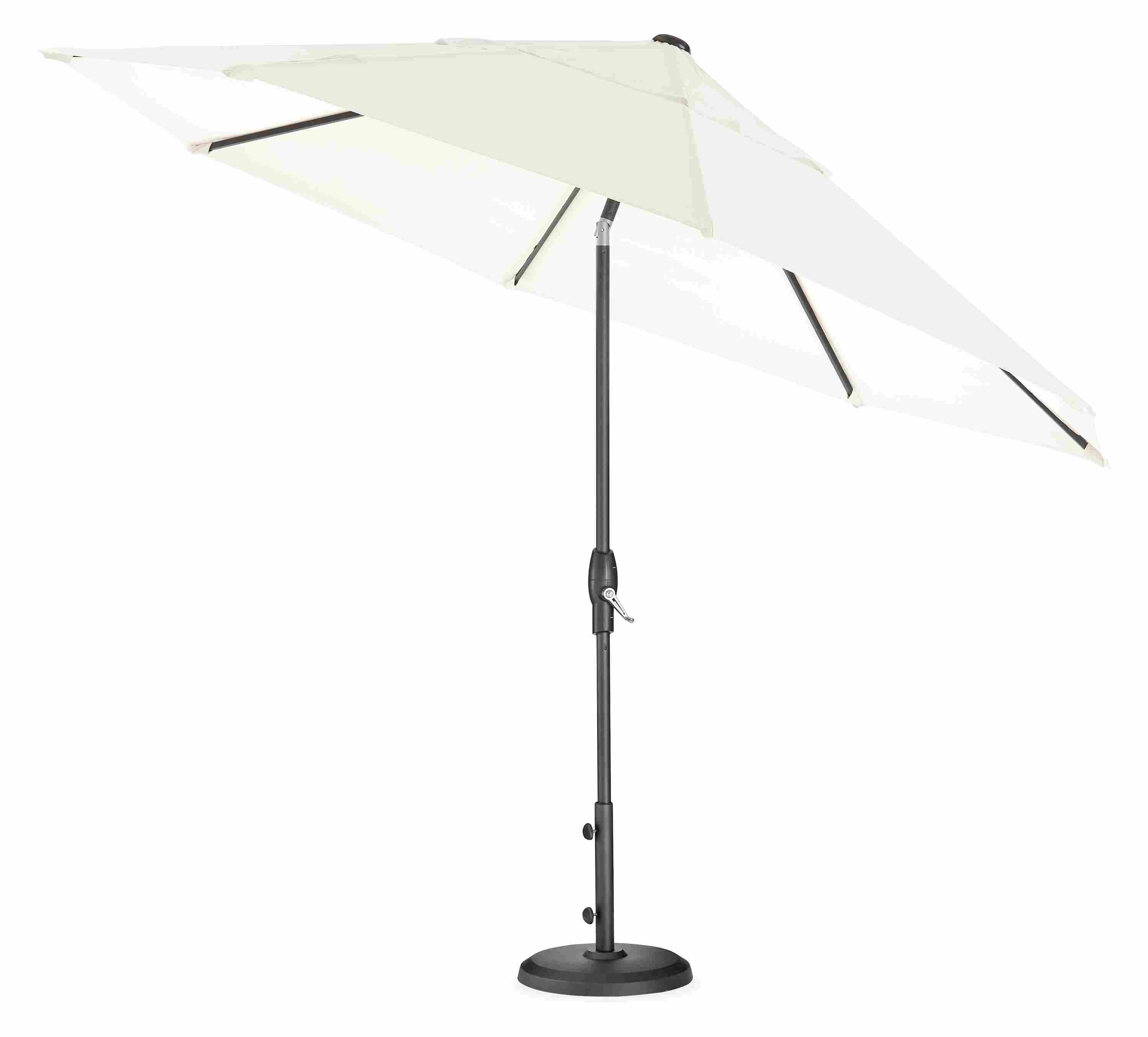 Front view of Oahu 11' Round Umbrella with Base in Sunbrella Canvas Fabric.