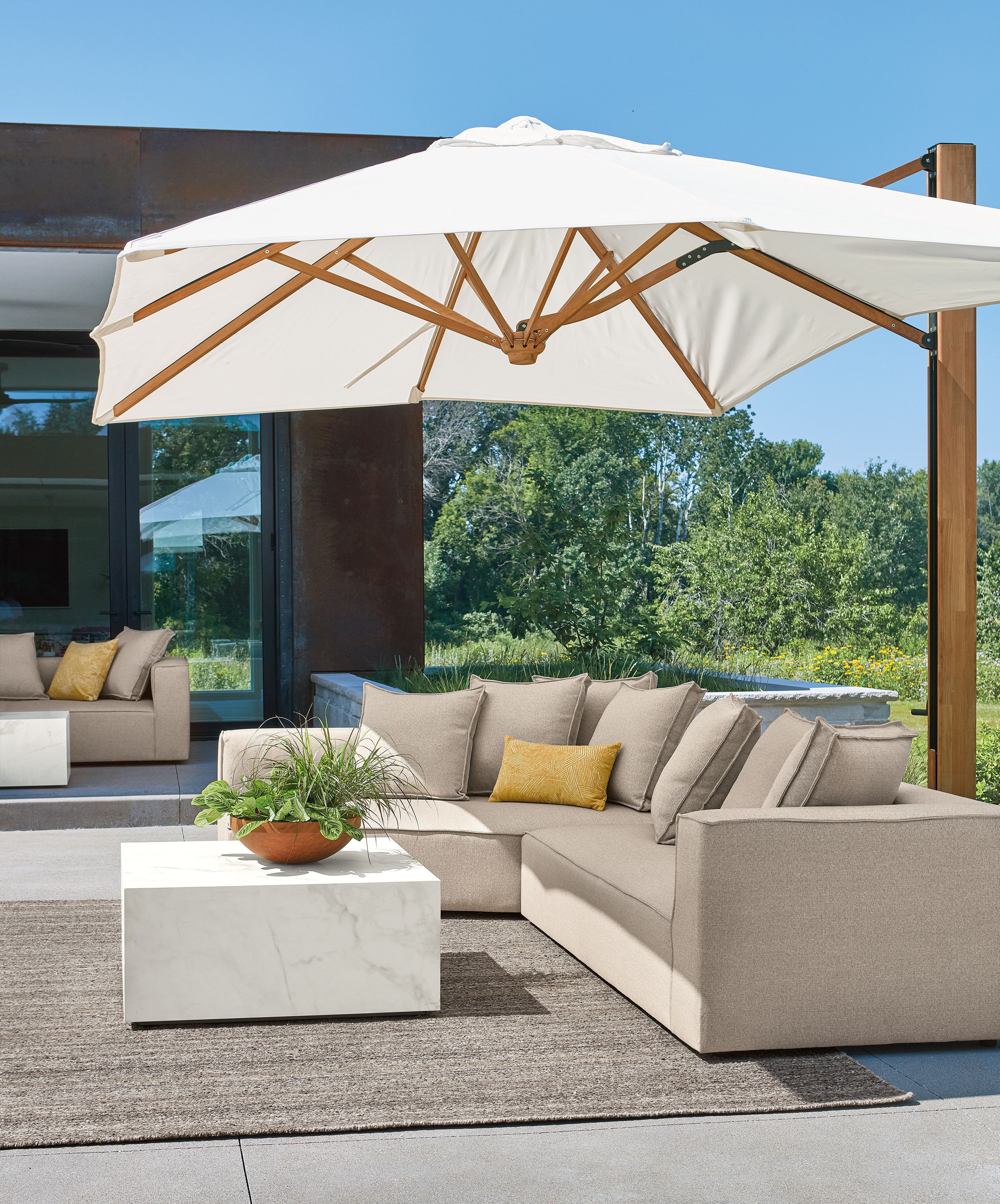 130x80" right-arm sofa with right-arm wedge in Mist oatmeal fabric