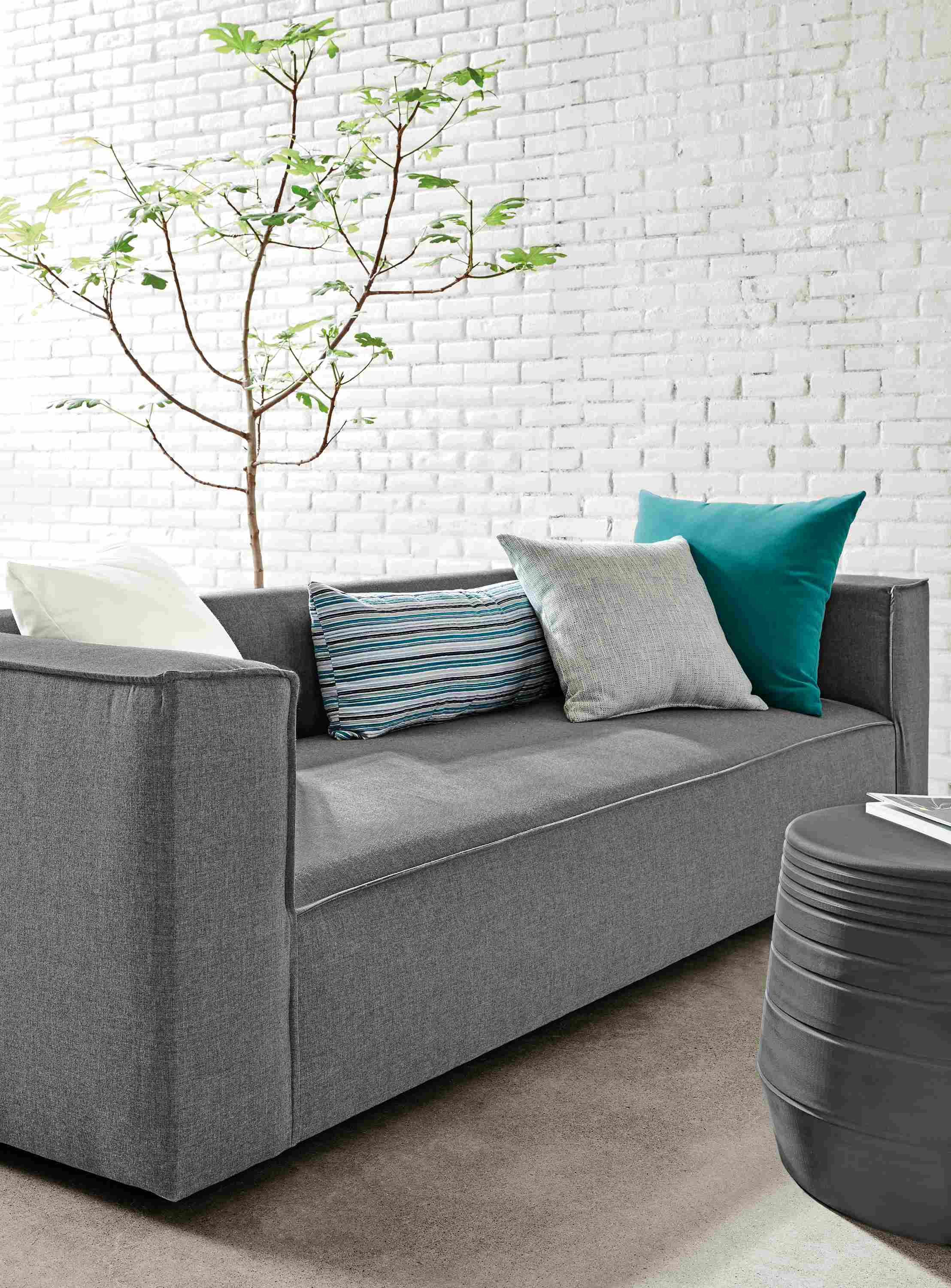 Detail of 98" Oasis sofa in slate.