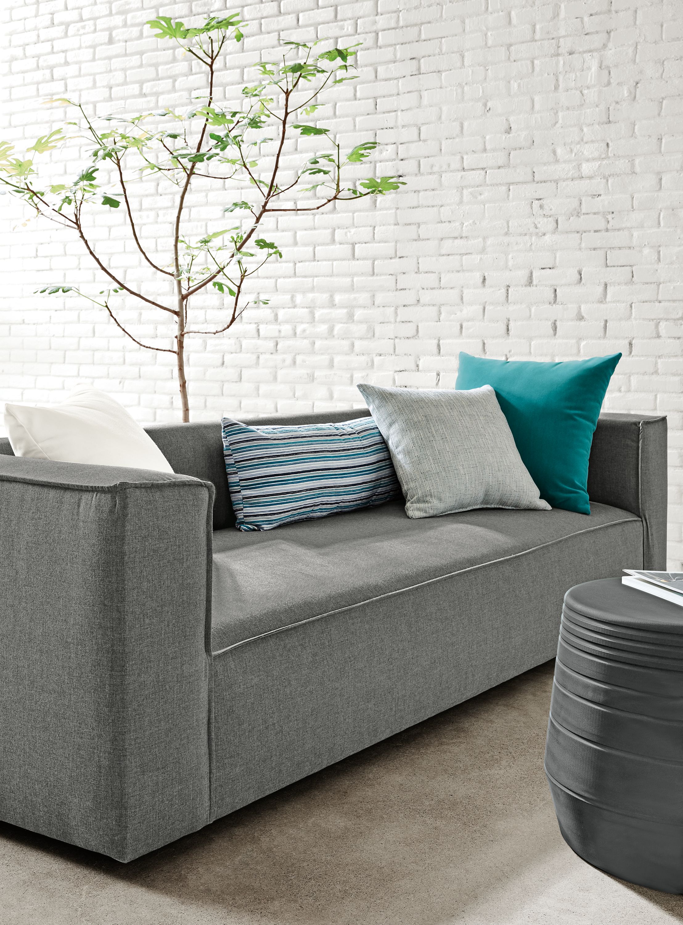 Detail of 98" Oasis sofa in slate.