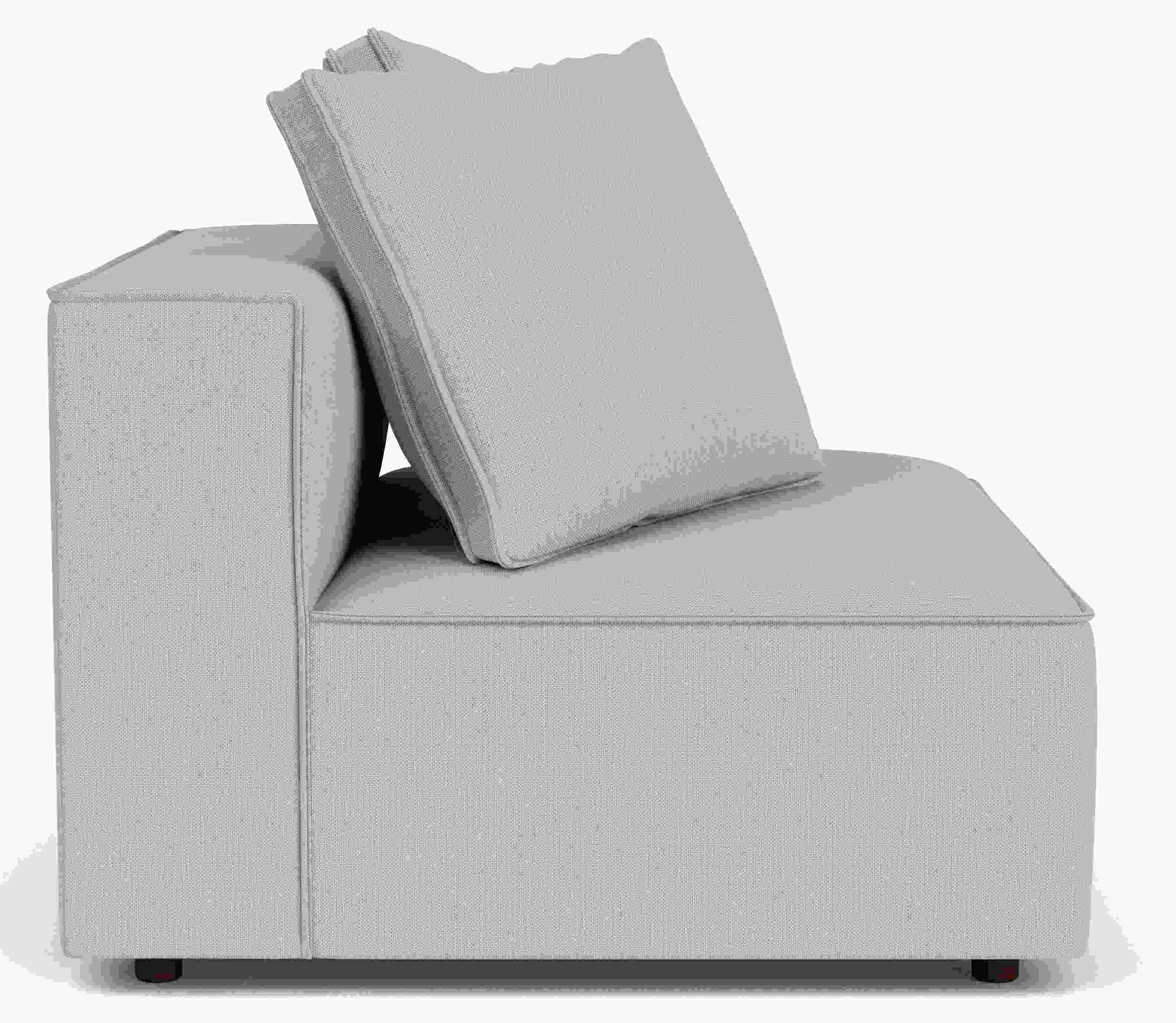 Side view of Oasis 88 Sofa in Mist grey fabric.