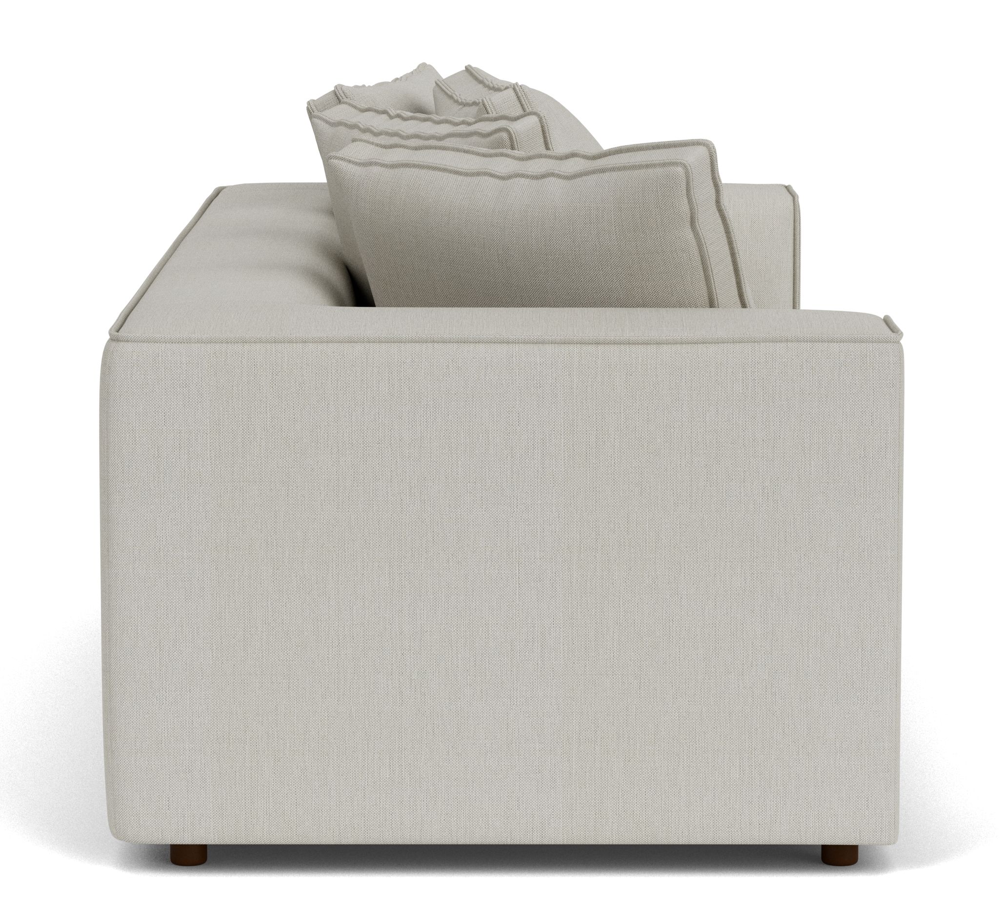 Side view of Oasis Armless Chair in Mist grey fabric.