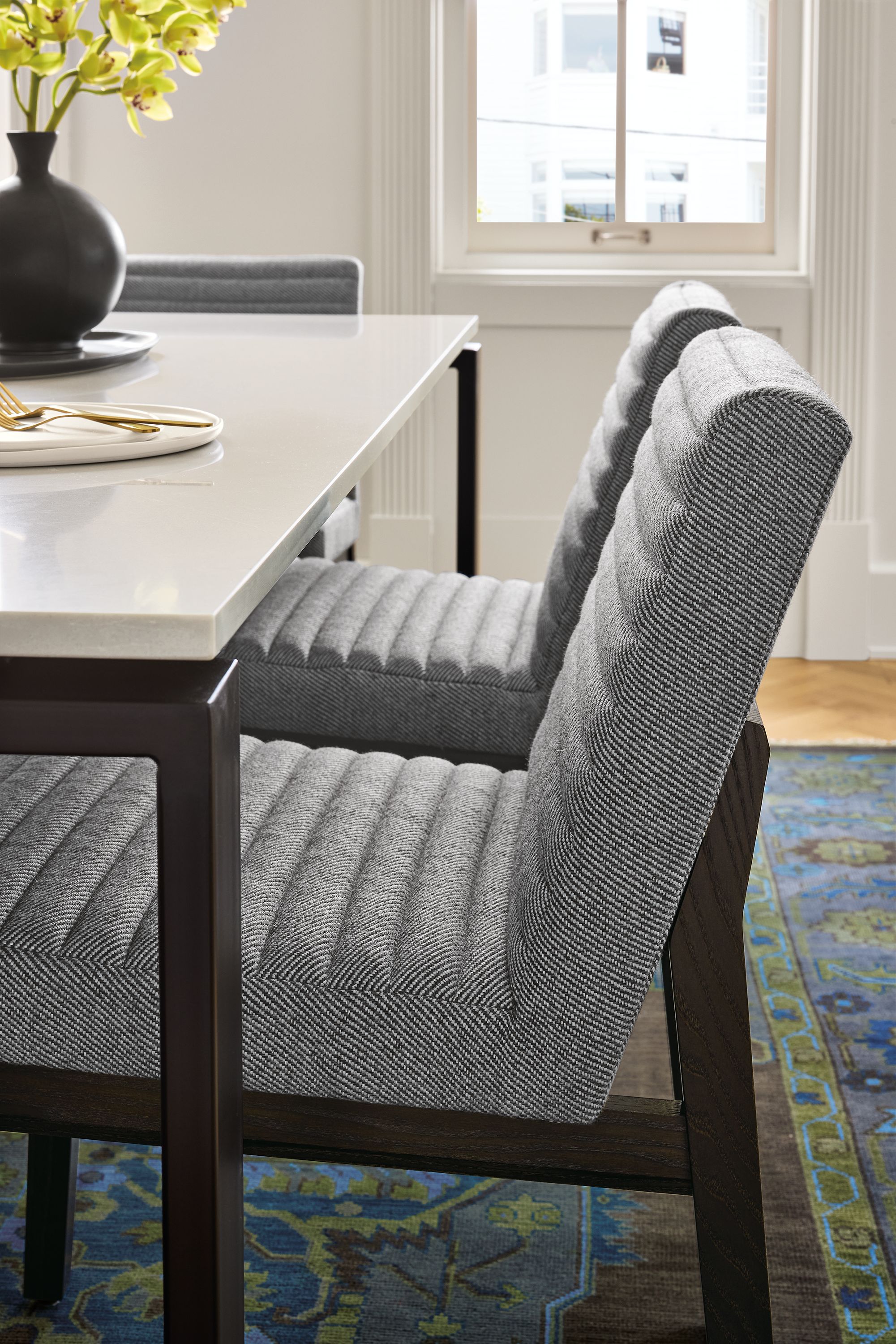 Chair in Derry graphite fabric with charcoal legs