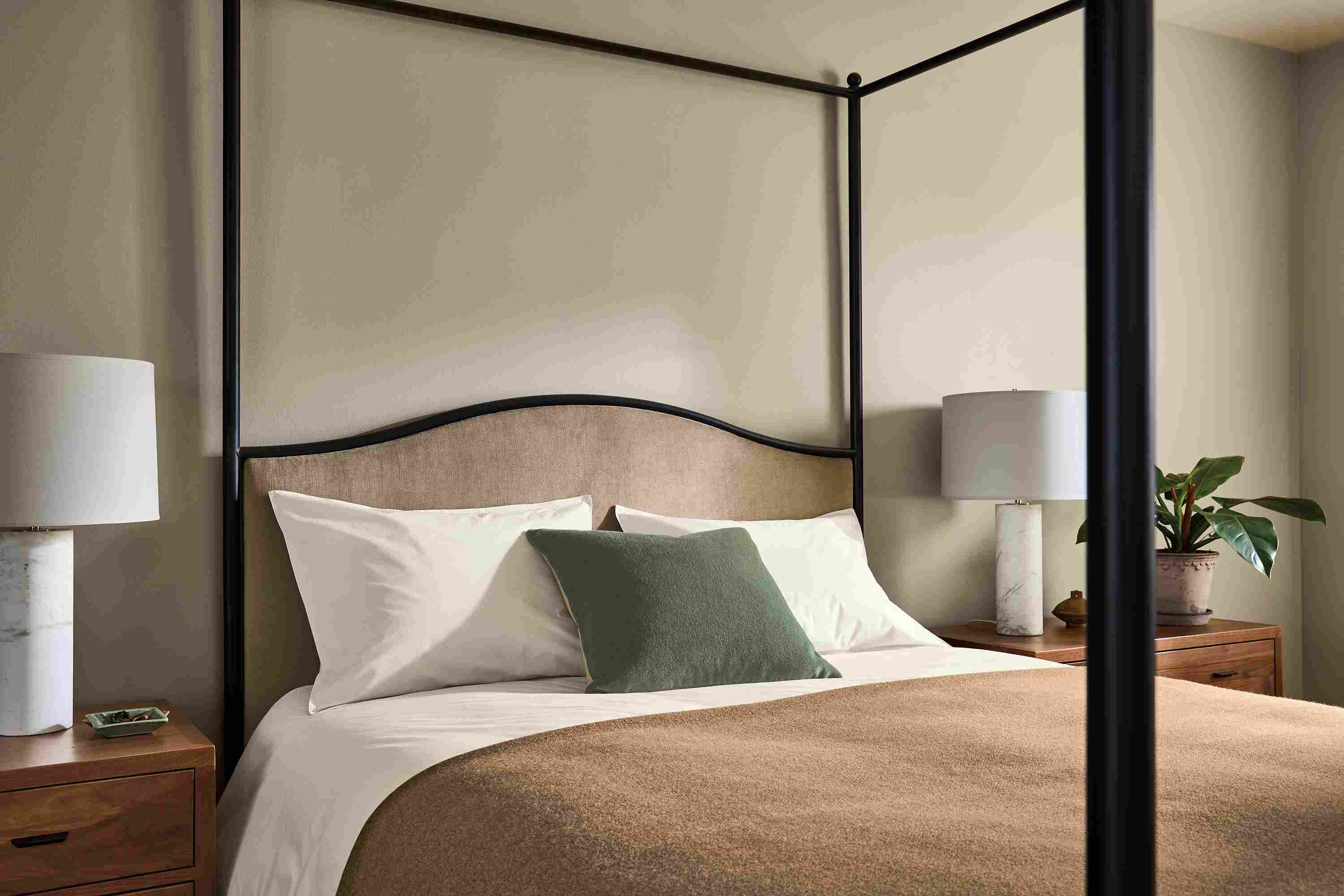 Bedroom with Orian queen bed in Windsor Otter and 2 Berkeley 2-drawer nightstands in walnut.