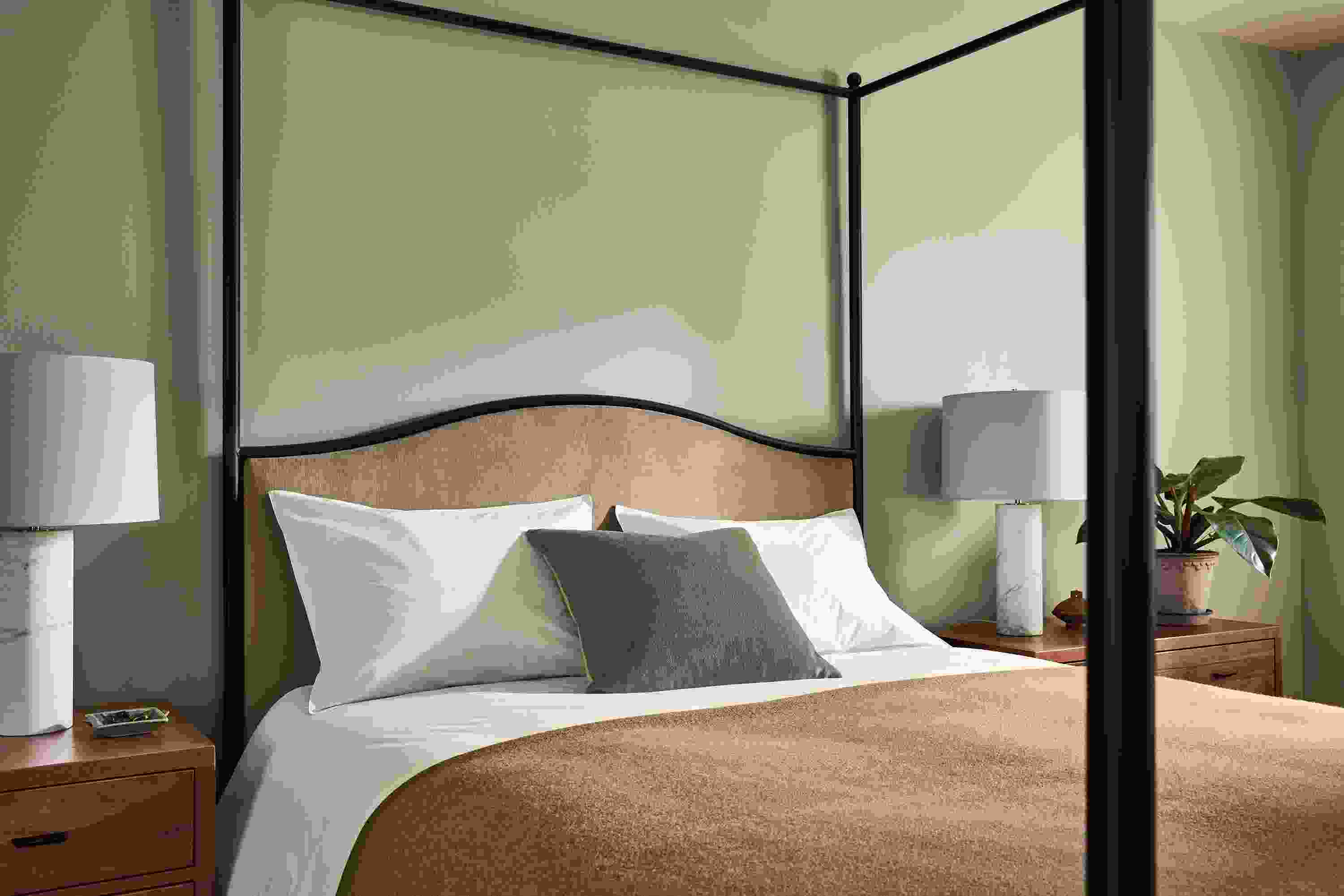 Bedroom with Orian queen bed in Windsor Otter and 2 Berkeley 2-drawer nightstands in walnut.