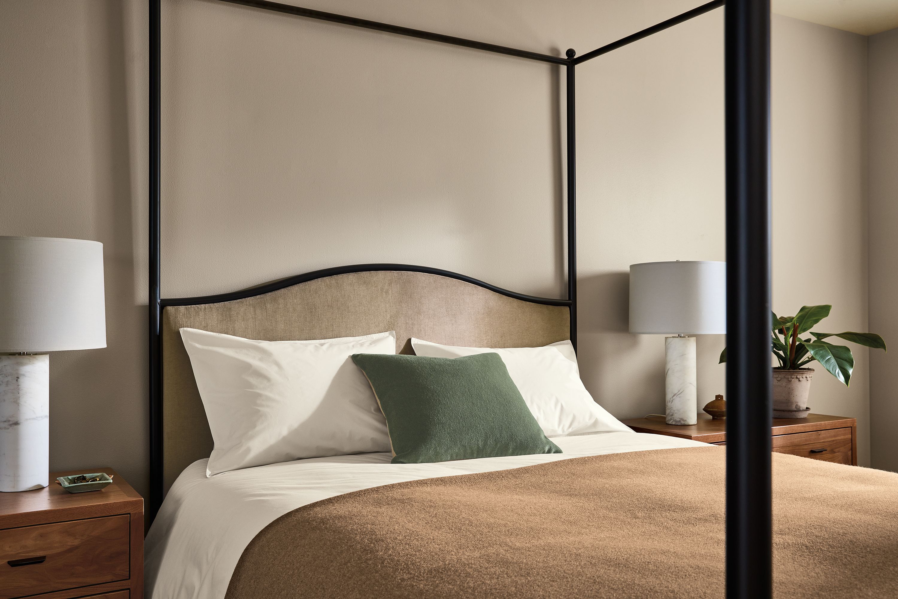 Bedroom with Orian queen bed in Windsor Otter and 2 Berkeley 2-drawer nightstands in walnut.