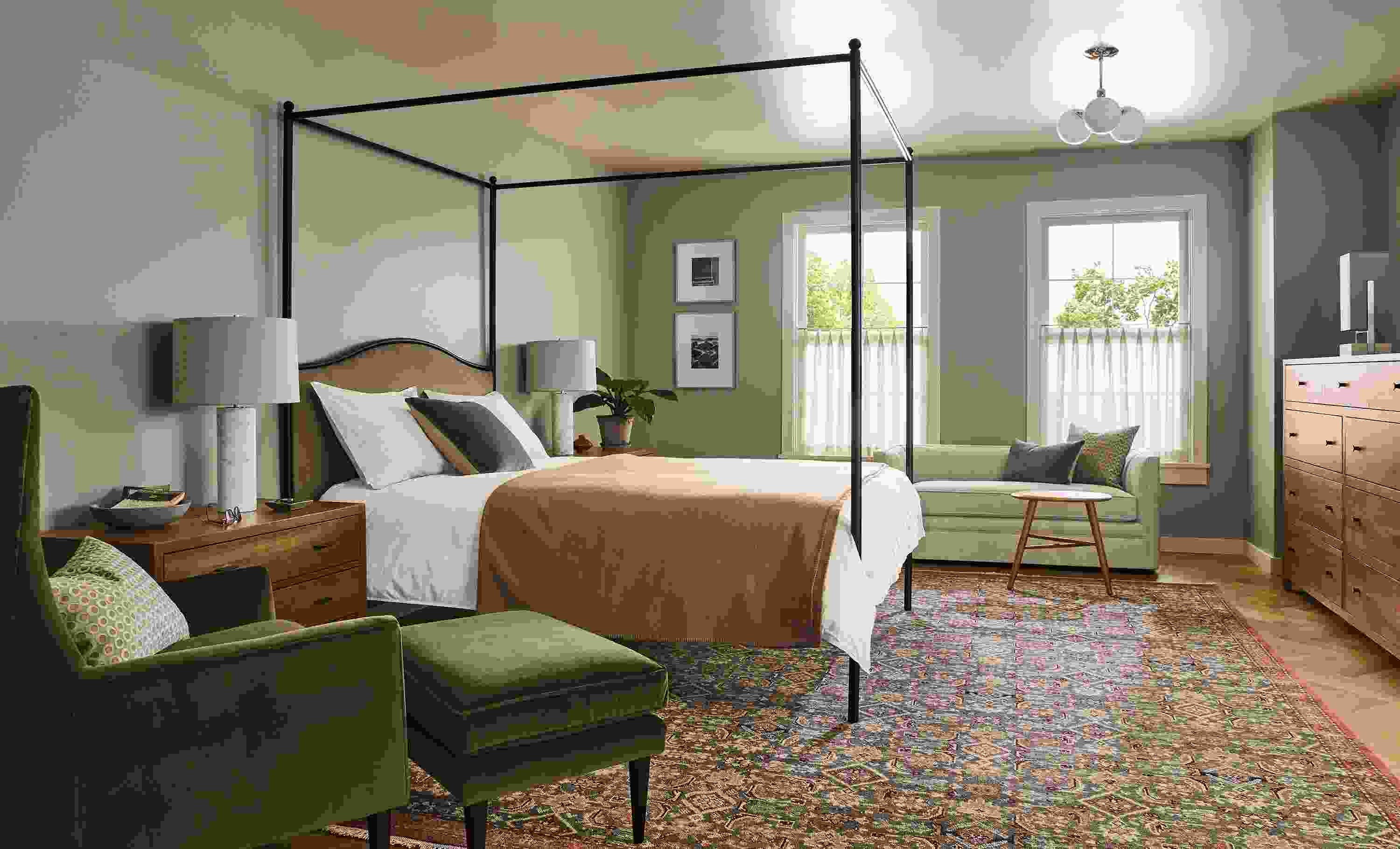 Bedroom with Orian queen bed in windsor otter and Bradford chair and ottoman in Vance Olive fabric.