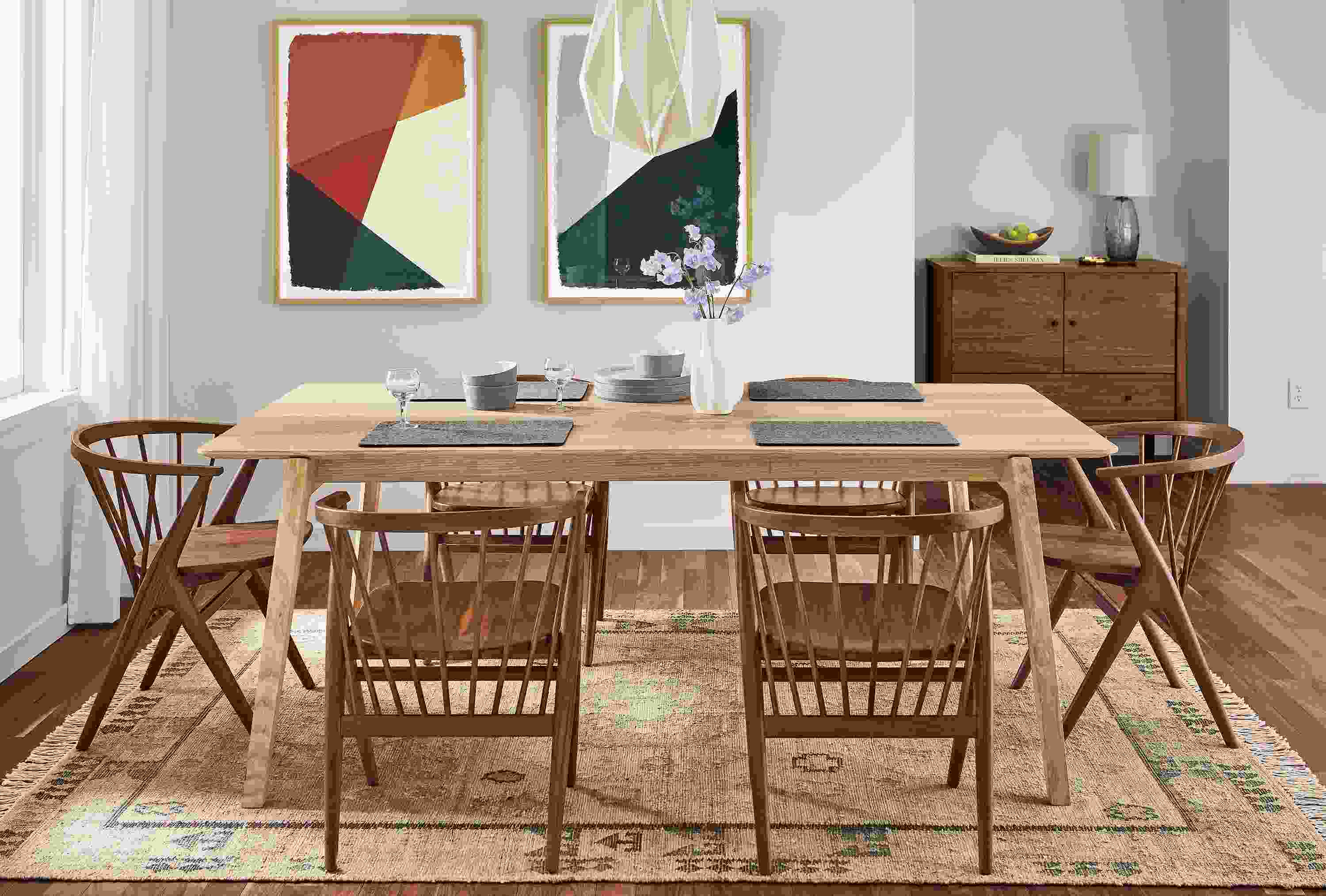 dining room featuring orlin table in heartwood ash and soren chairs in walnut.