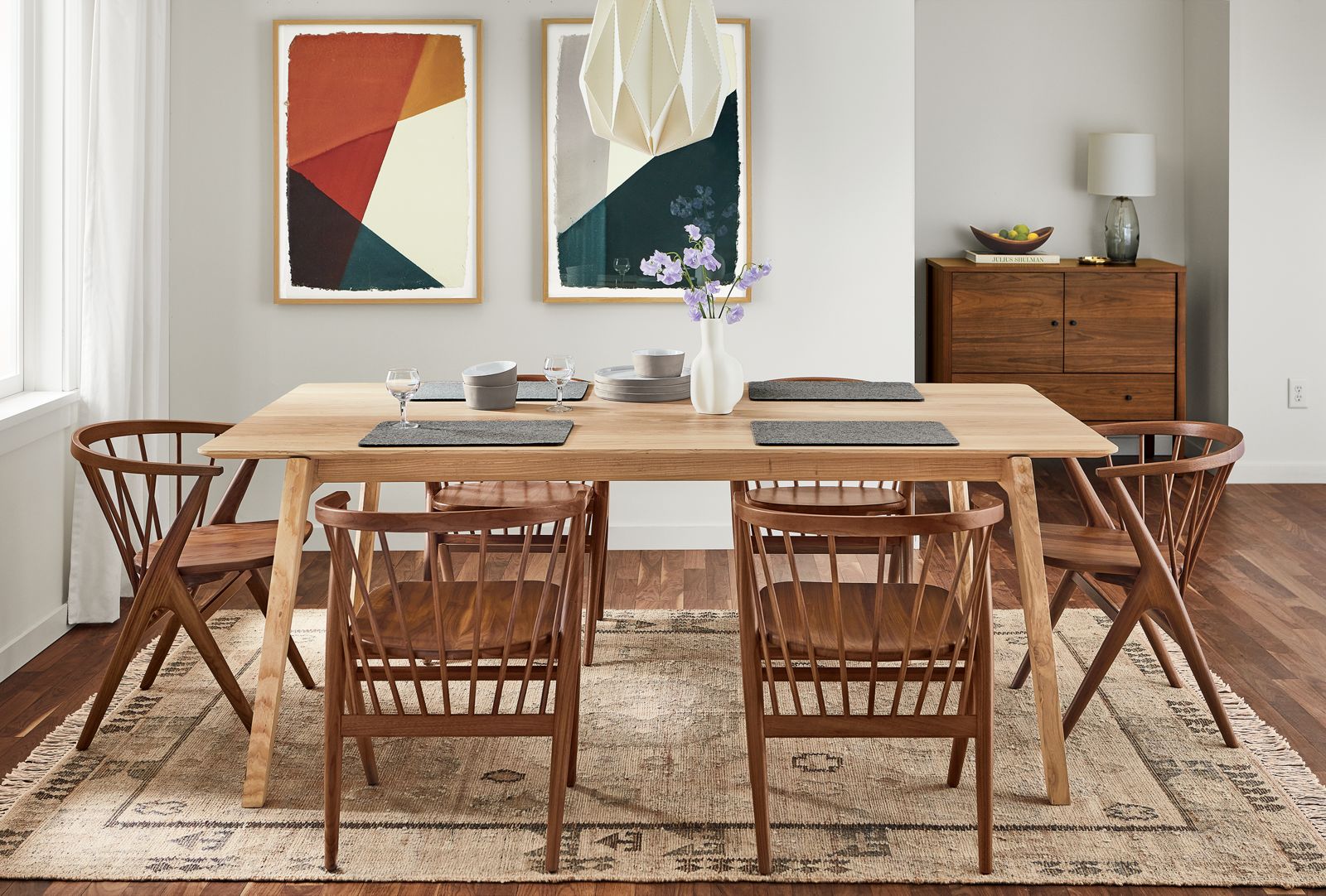 dining room featuring orlin table in heartwood ash and soren chairs in walnut.