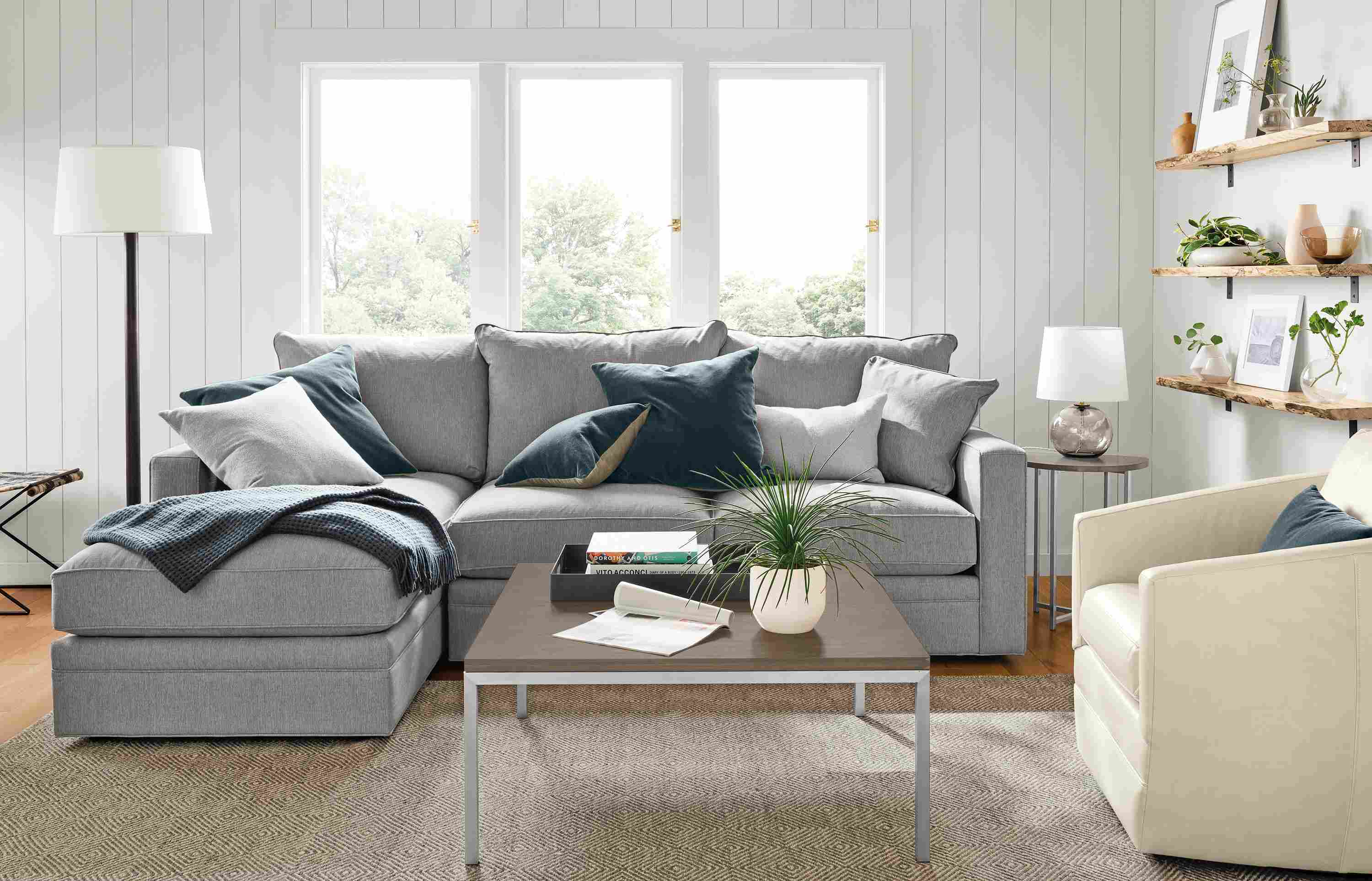 Detail of Orson sofa with left-arm chaise.