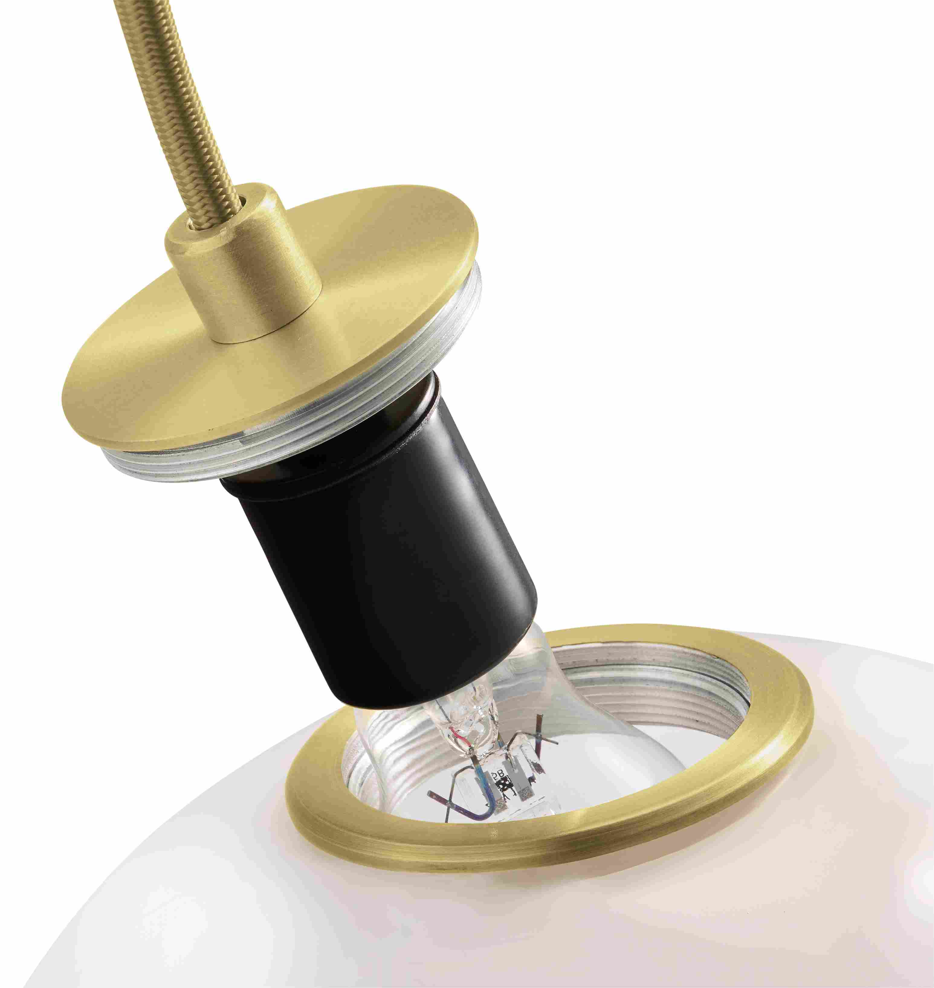 Detail of threaded globe attachment on osiris globe pendant in opal glass and brushed gold.