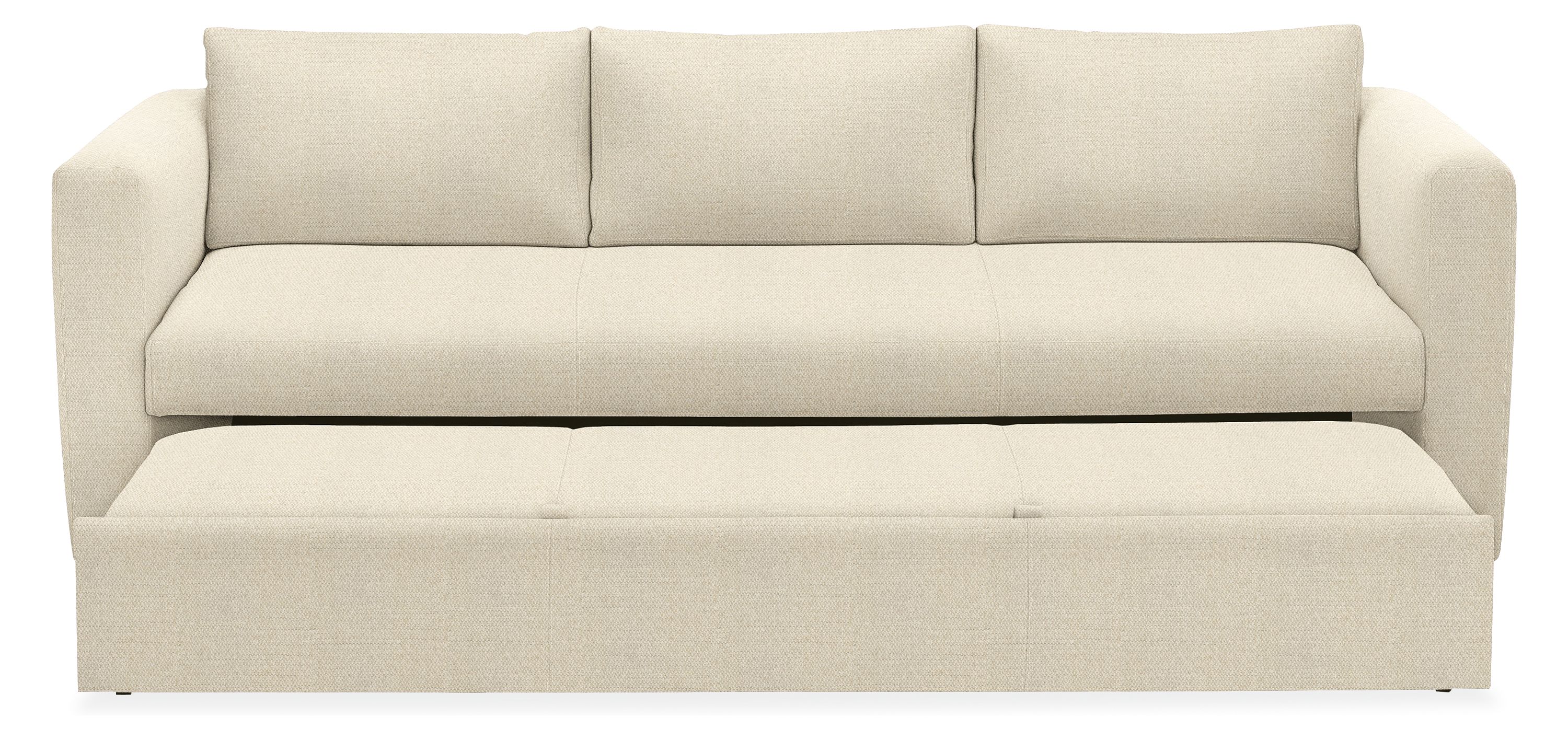 Oxford 91-inch Pop-Up Platform Queen Sleeper Sofa in Orla Ivory with platform pulled out.