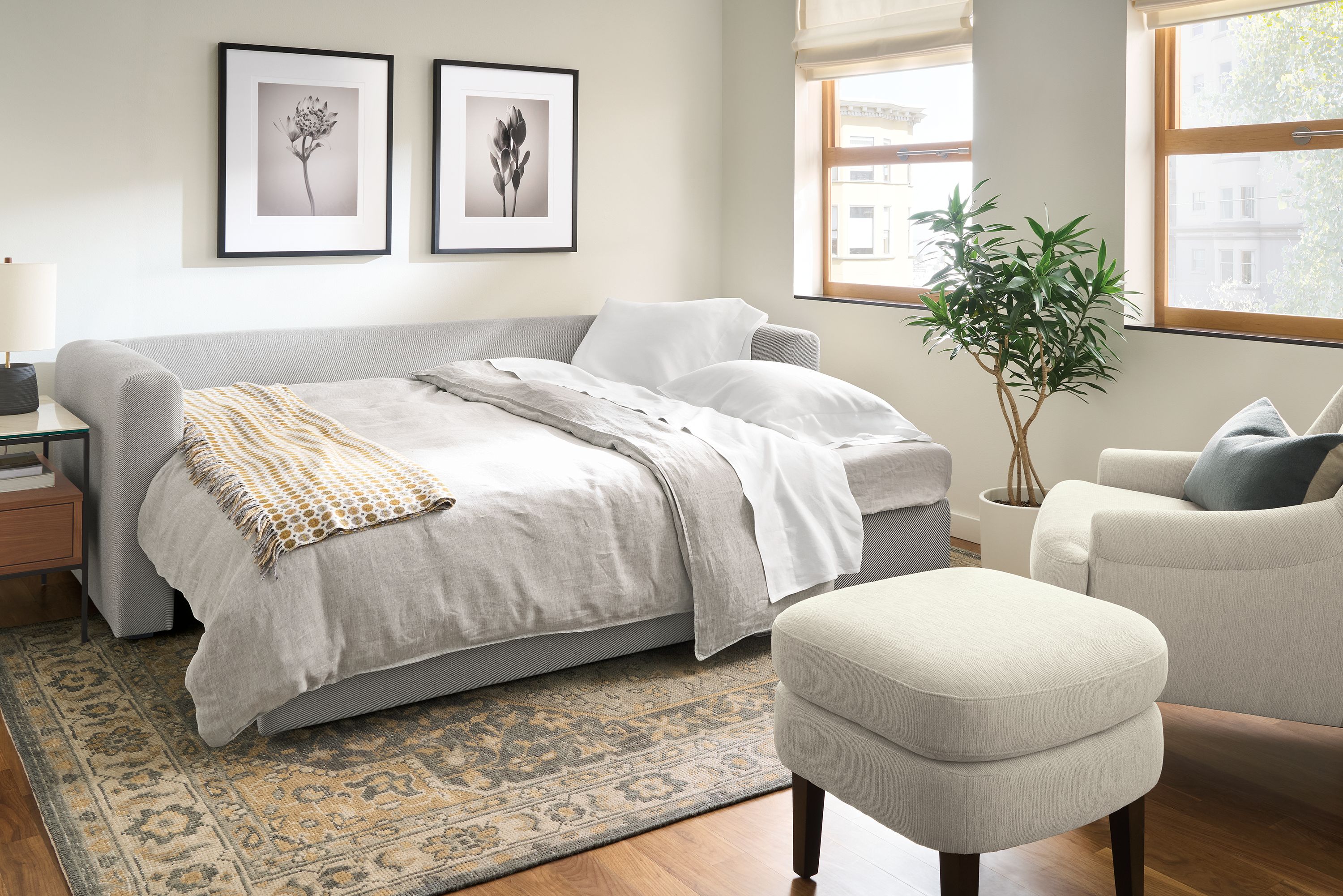Track-arm 91" pop-up platform queen sleeper sofa in Derry cement fabric