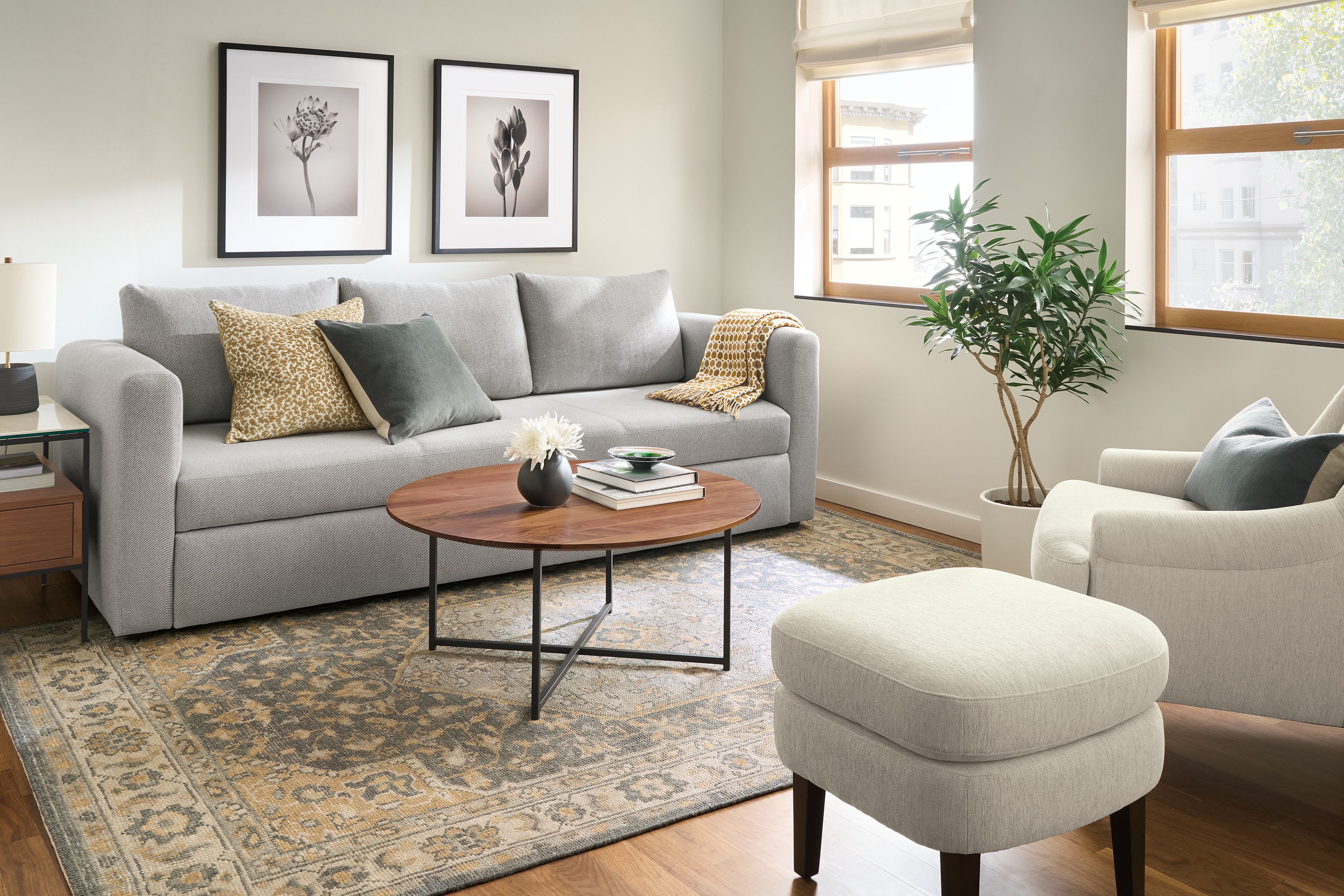 Track-arm 91" pop-up platform queen sleeper sofa in Derry cement fabric