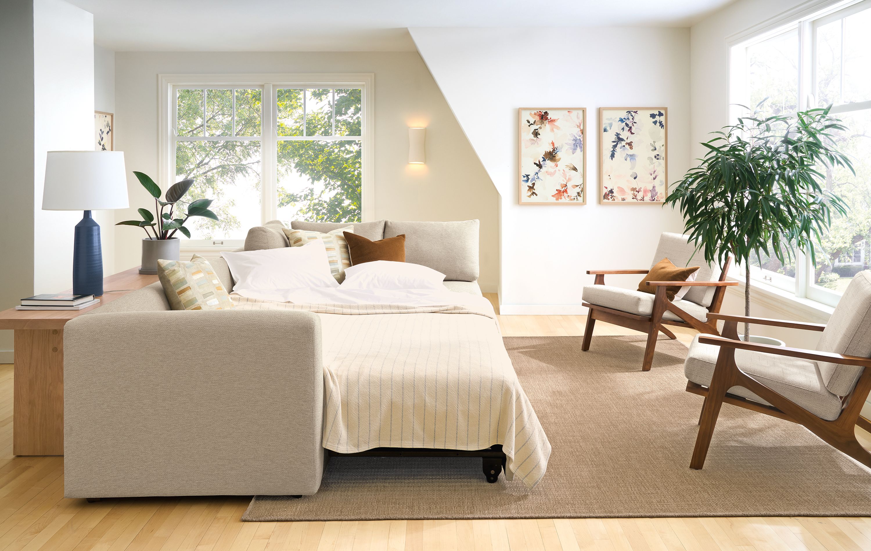 Track-arm 123" pop-up platform queen sleeper sofa with right-arm storage chaise in Tatum oatmeal fabric