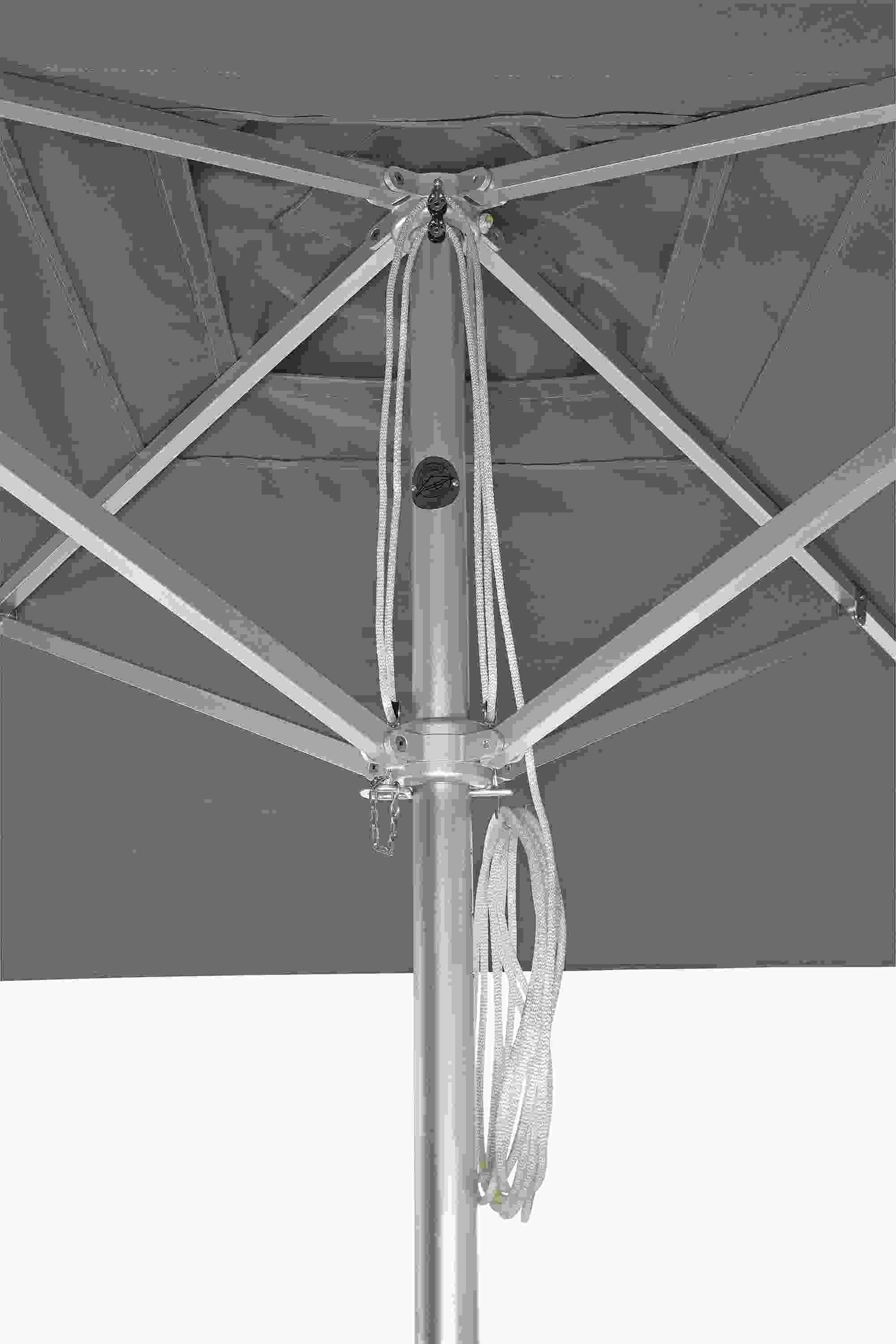 Detail of the rib assembly in platinum on a Pacifica 9-foot square umbrella with standard canopy in Jace Mink.
