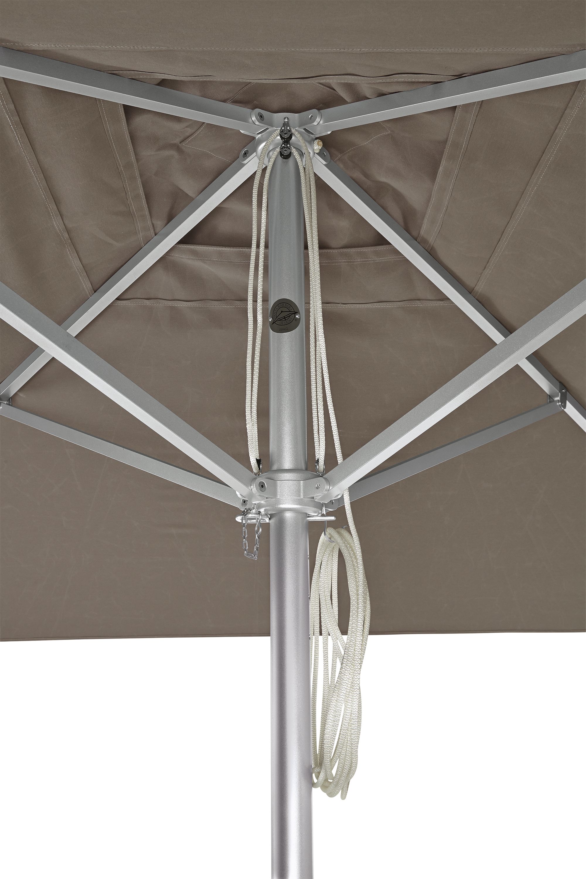Detail of the rib assembly in platinum on a Pacifica 9-foot square umbrella with standard canopy in Jace Mink.