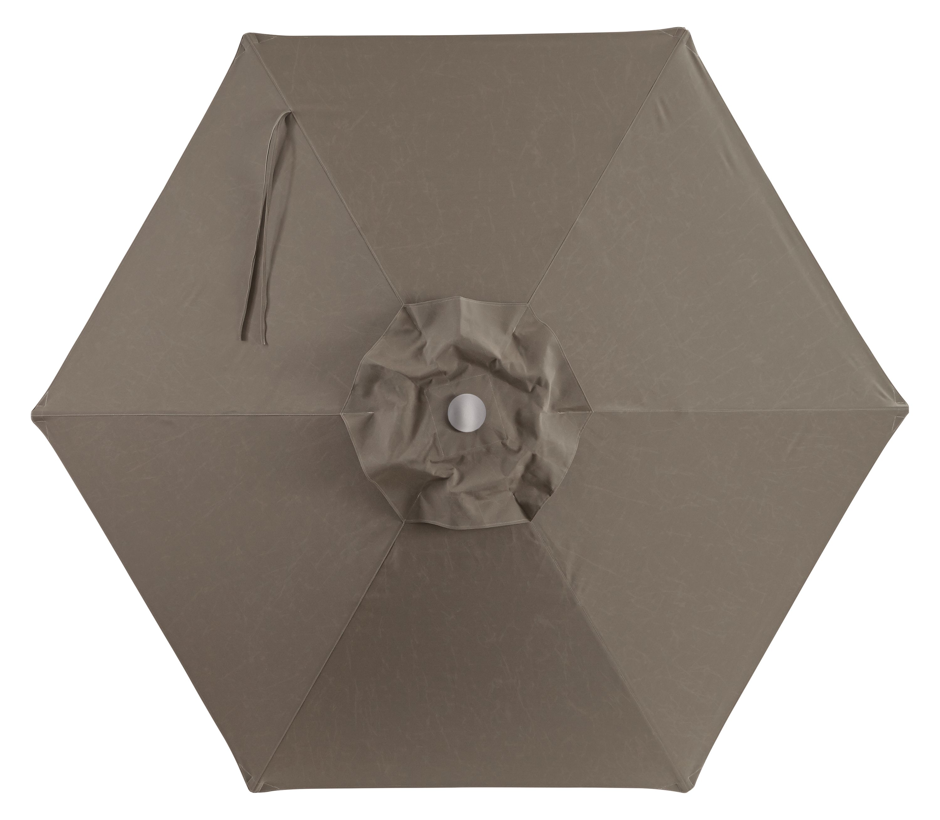 Overhead view of a Pacifica 10.5-foot round umbrella with standard canopy in Jace Mink and platinum.