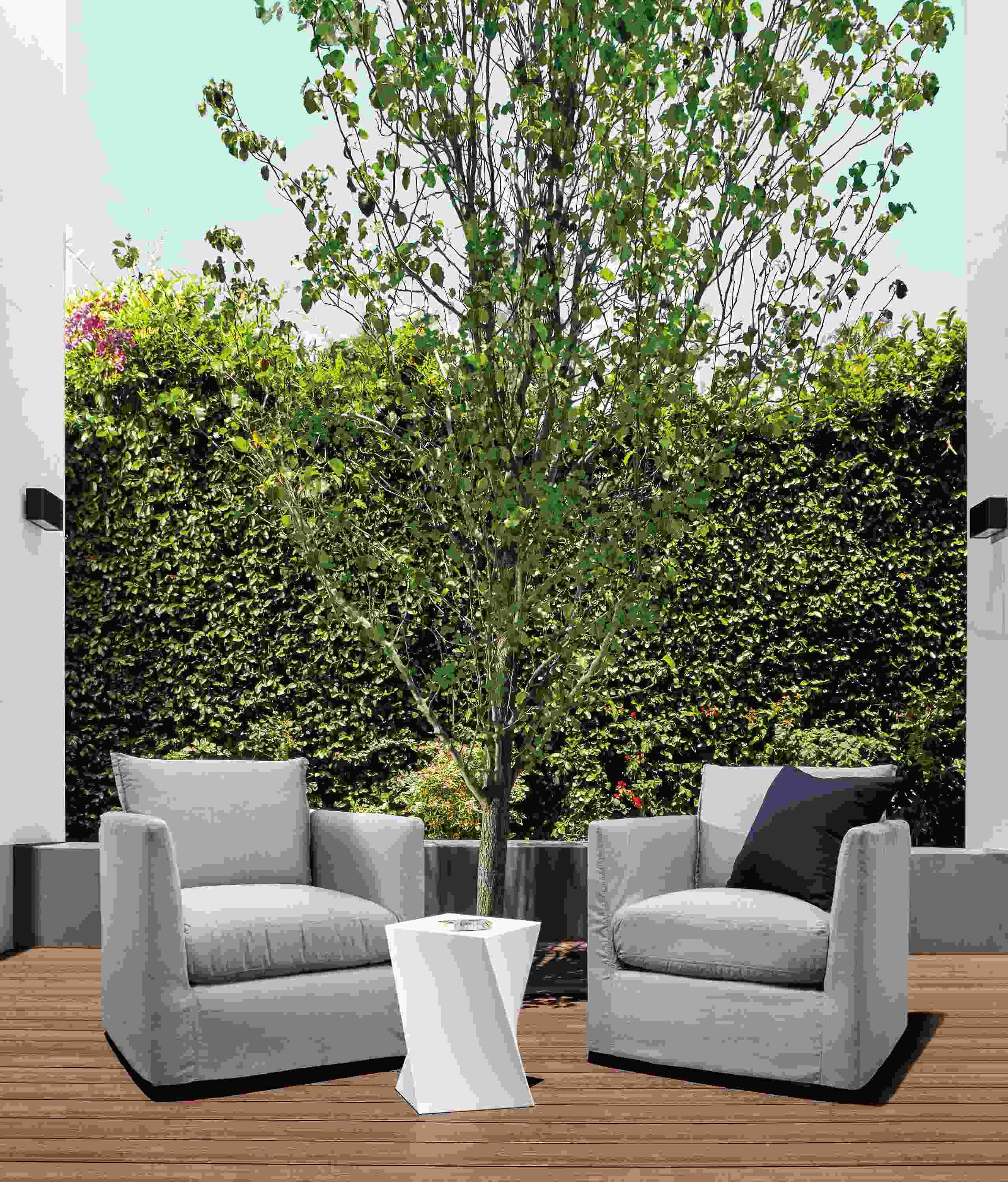 Detail of two Palm swivel chairs.