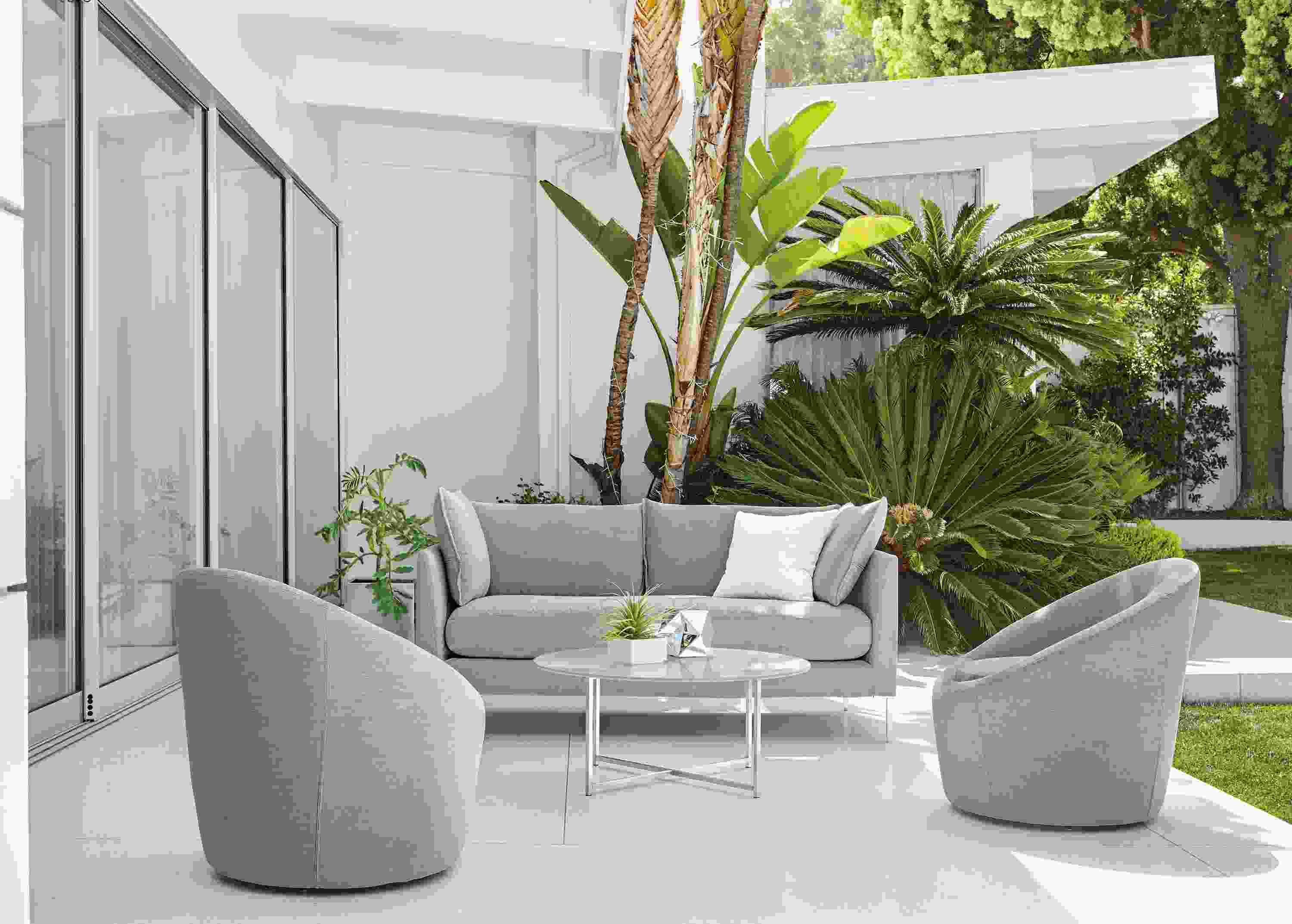 Detail of Palm bench-cushion sofa.